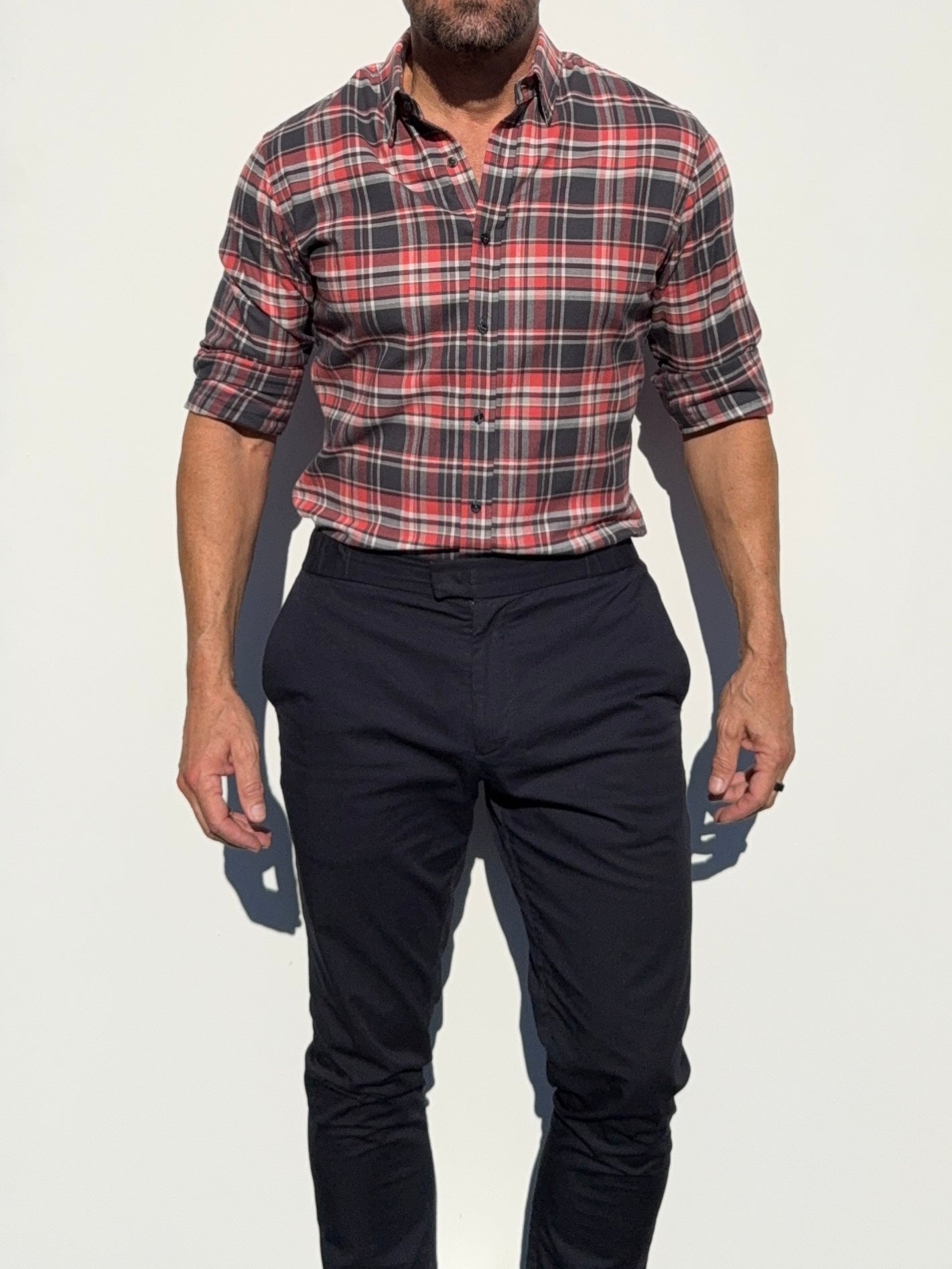 dress pants with flannel shirt Portuguese Navy Melange Plaid Flannel Shirt