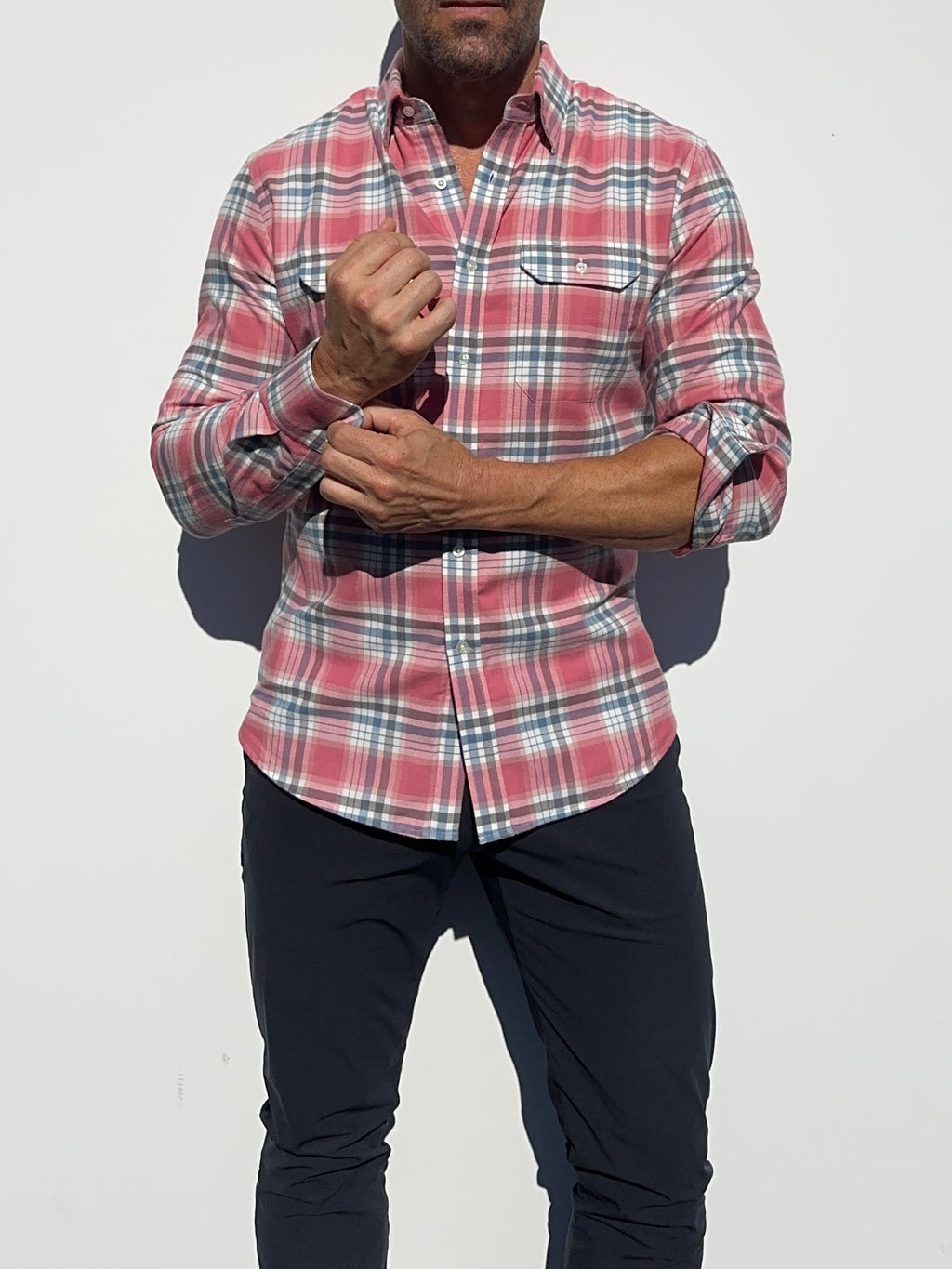 Coral, White & Blue Utility Flannel - Coral White & Blue Flannel