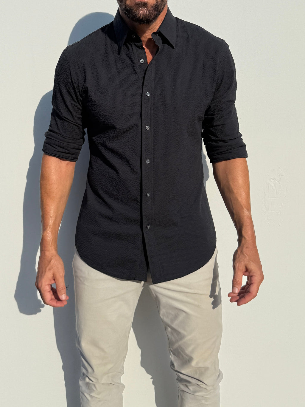 Solid Seersucker Long Sleeve - Black