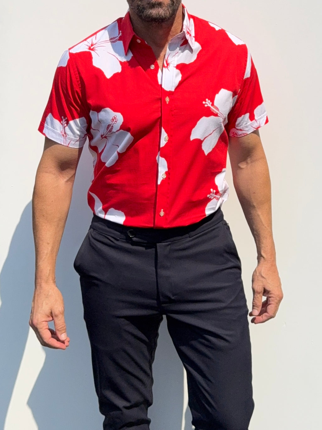 White Flowers on Red Party Shirt in Cotton