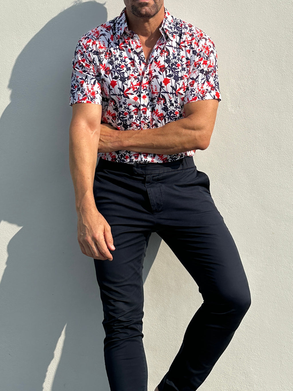 Bamboo Print on Cotton - Red & Navy