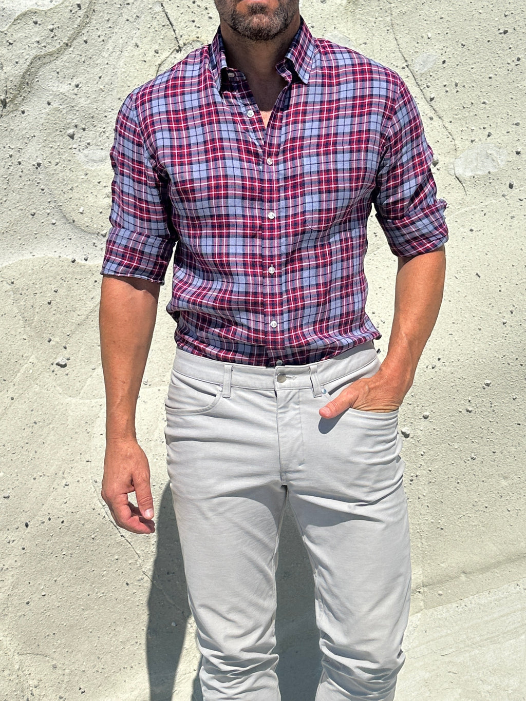 Plaid Linen - Red on Light Gray Plaid Linen