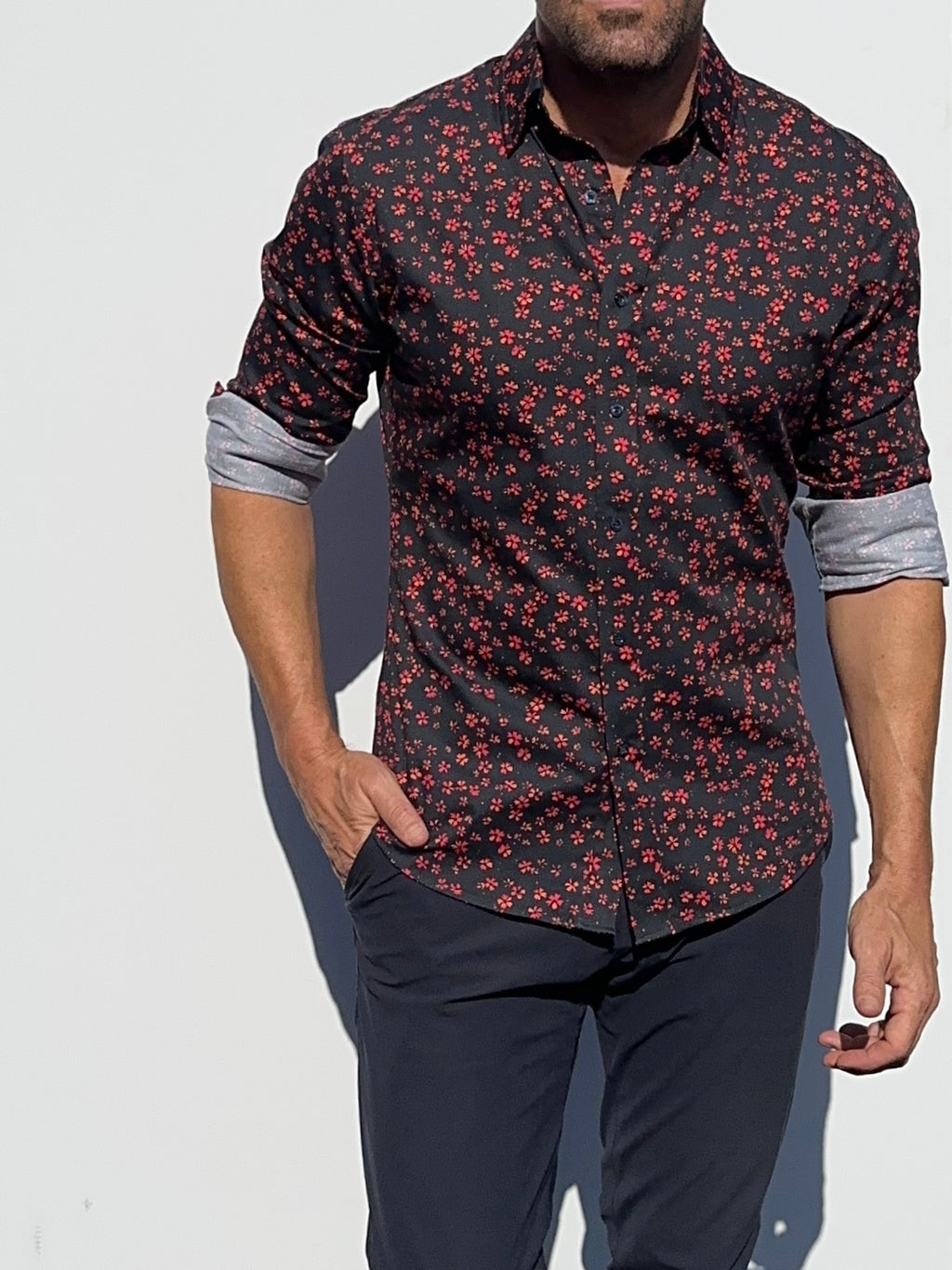 Red Floral Party Shirt - Red Flowers on Navy
