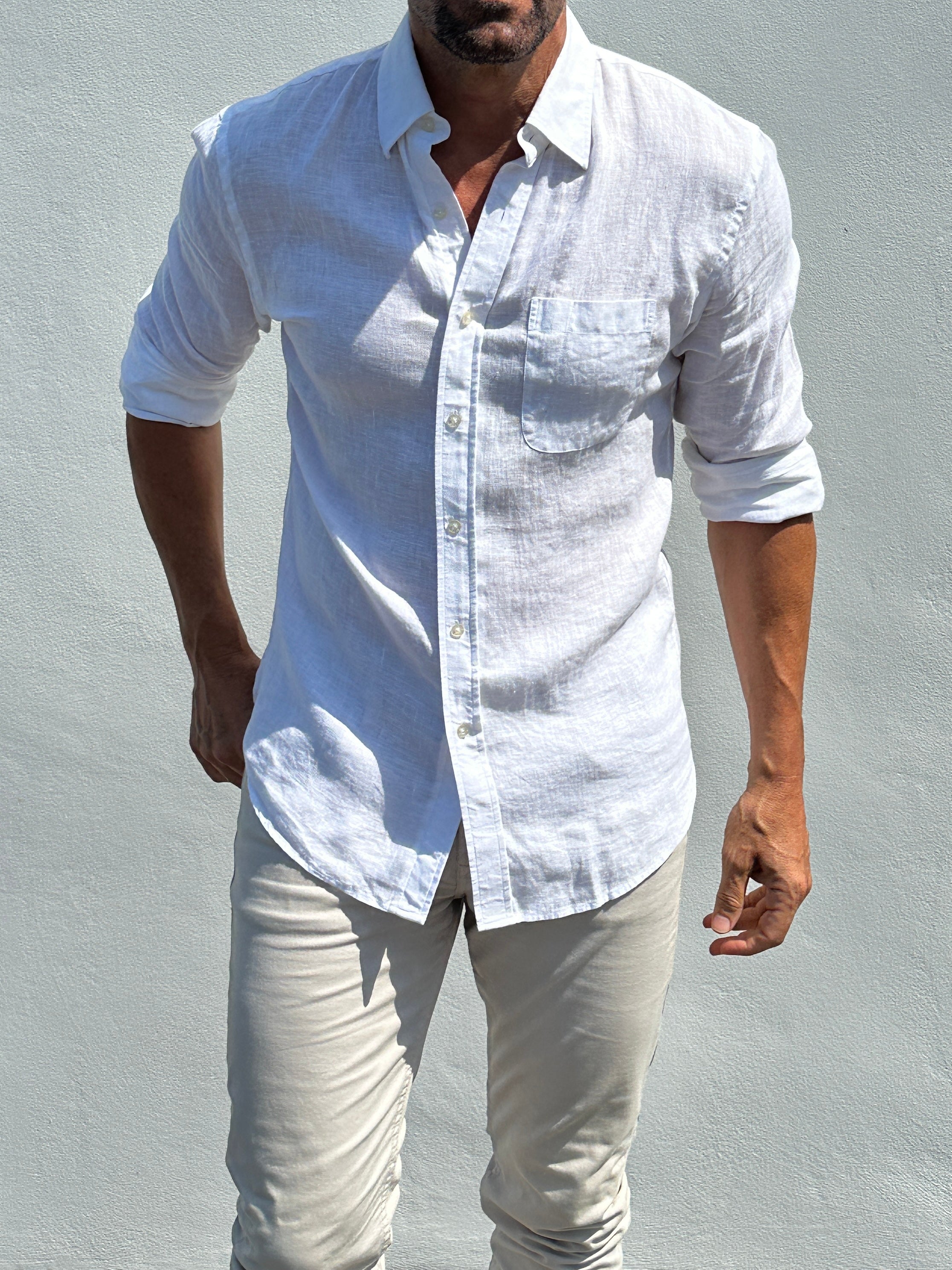 Long Sleeve 1-Pocket Linen - White