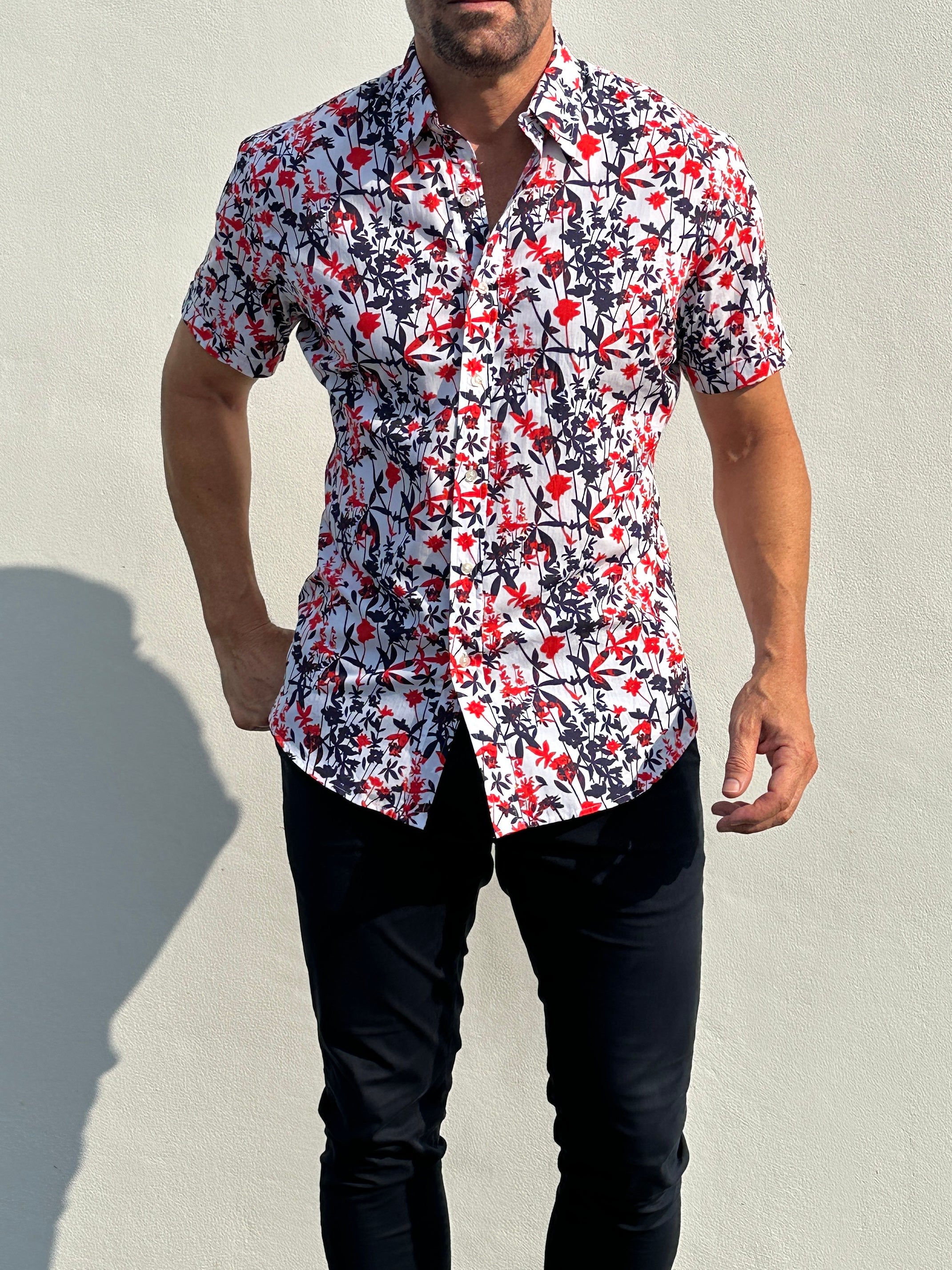Bamboo Print on Cotton - Red & Navy