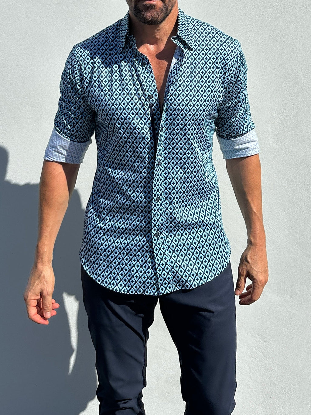 Diamond Print Party Shirt - Mint on Navy
