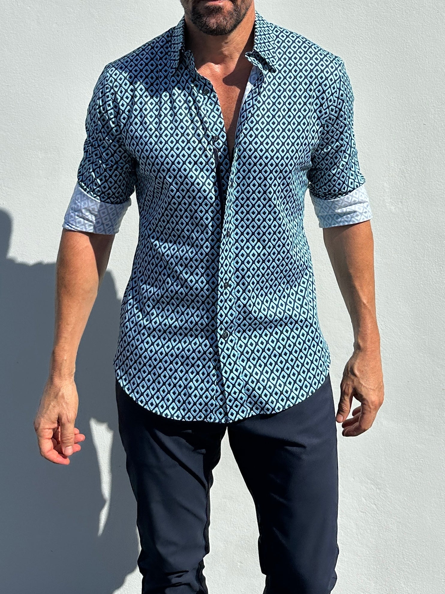 Diamond Print Party Shirt - Mint on Navy