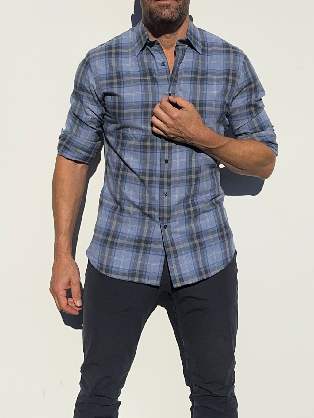 No-Pocket Plaid Flannel - Light Blue