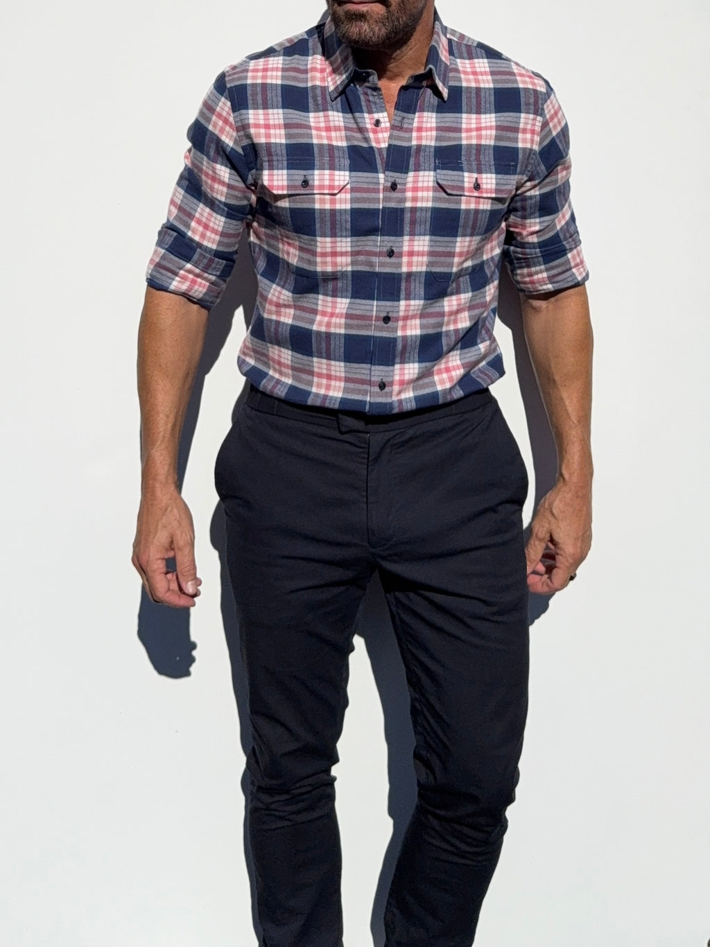 The Utility Shirt in Plaid Flannel - Navy & Pink Plaid Flannel- SB #644