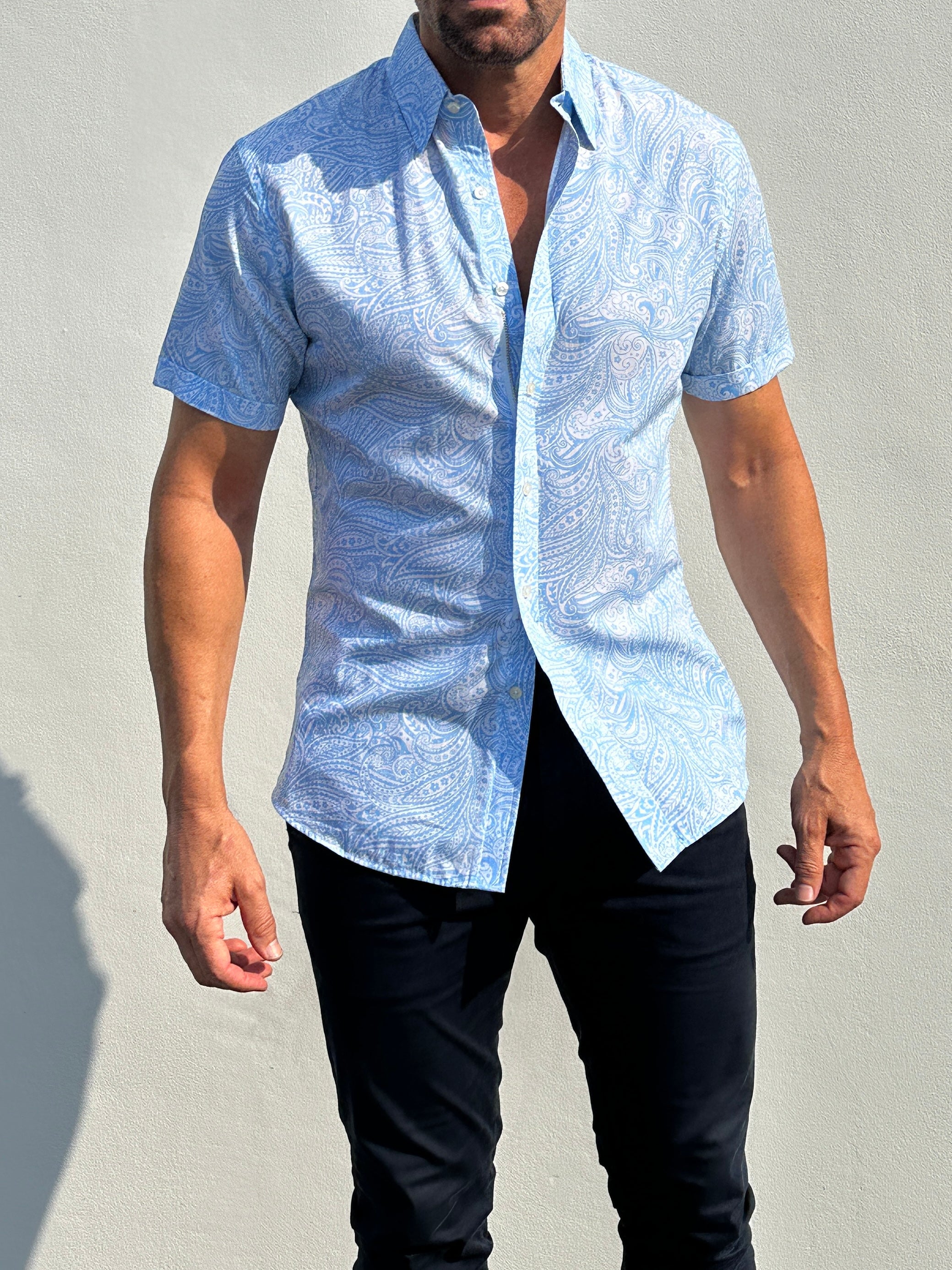 Short Sleeve Paisley Party Shirts - Light Blue