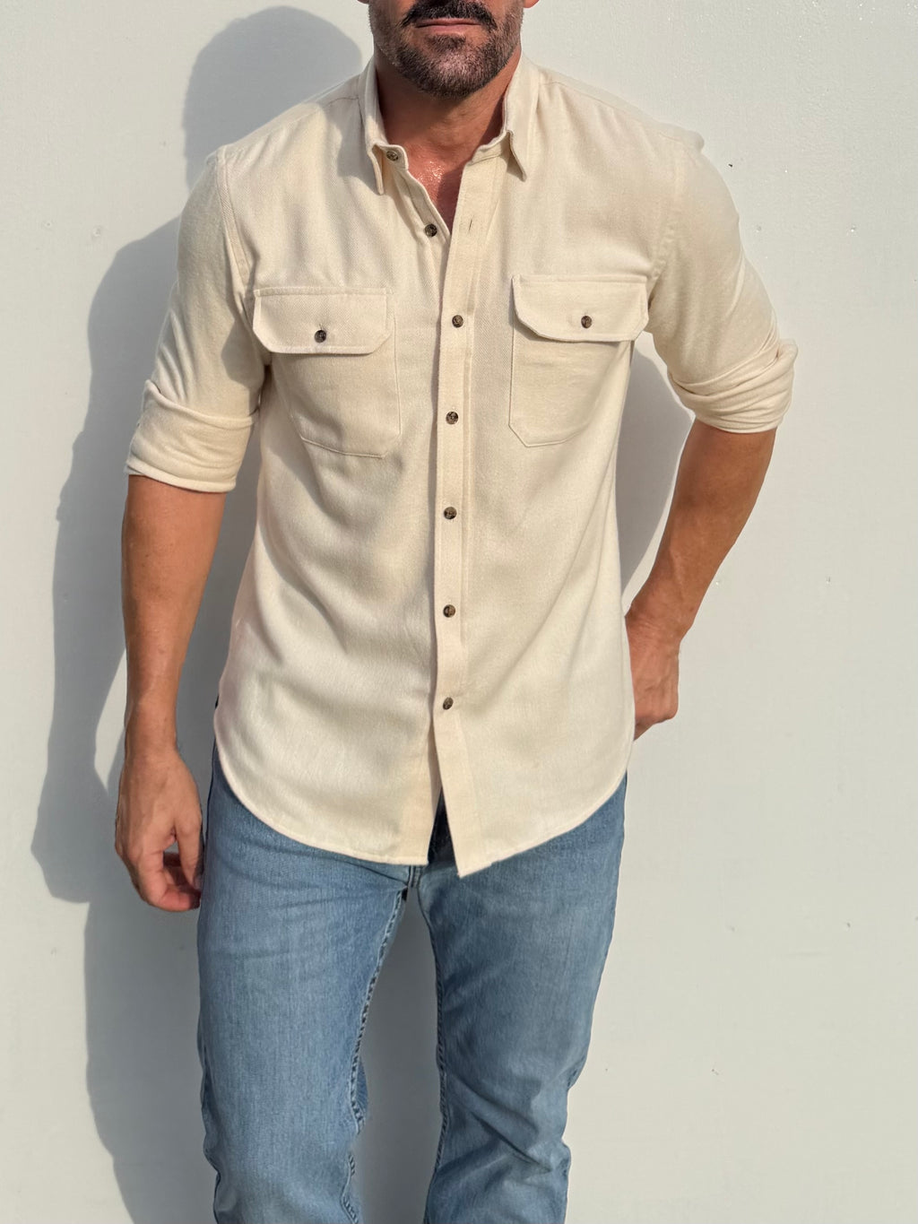 The Utility Shirt in Herringbone Flannel - Ivory