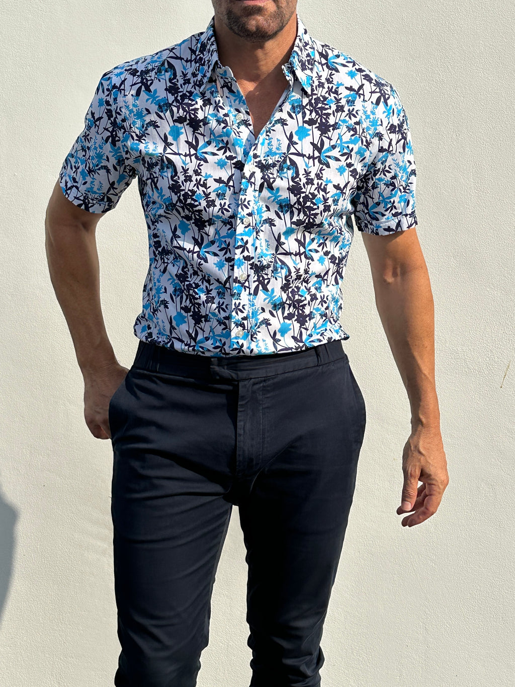Bamboo Print on Cotton - Aqua & Navy
