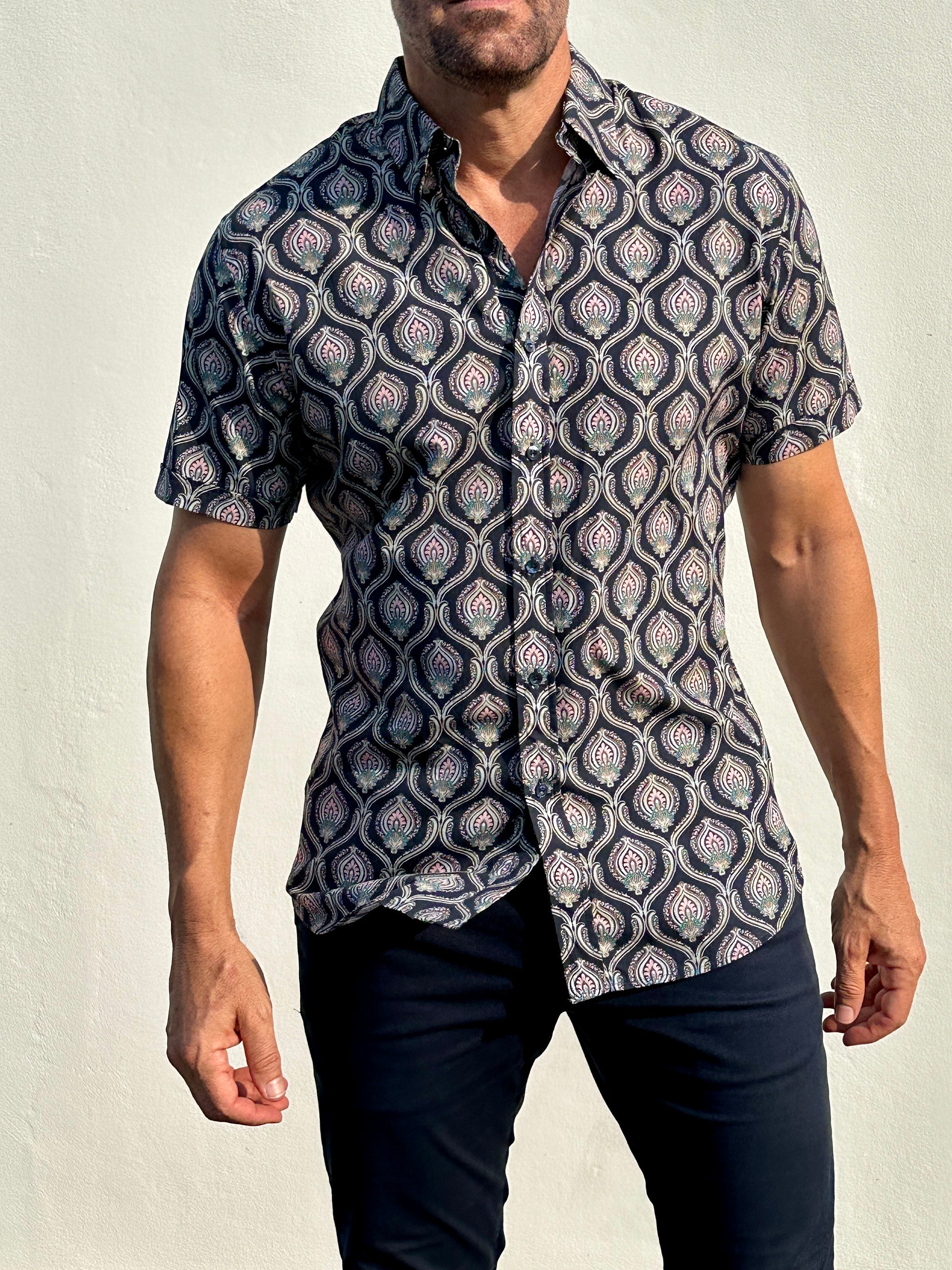 Short Sleeve Ornate Party Shirt - Midnight Blue