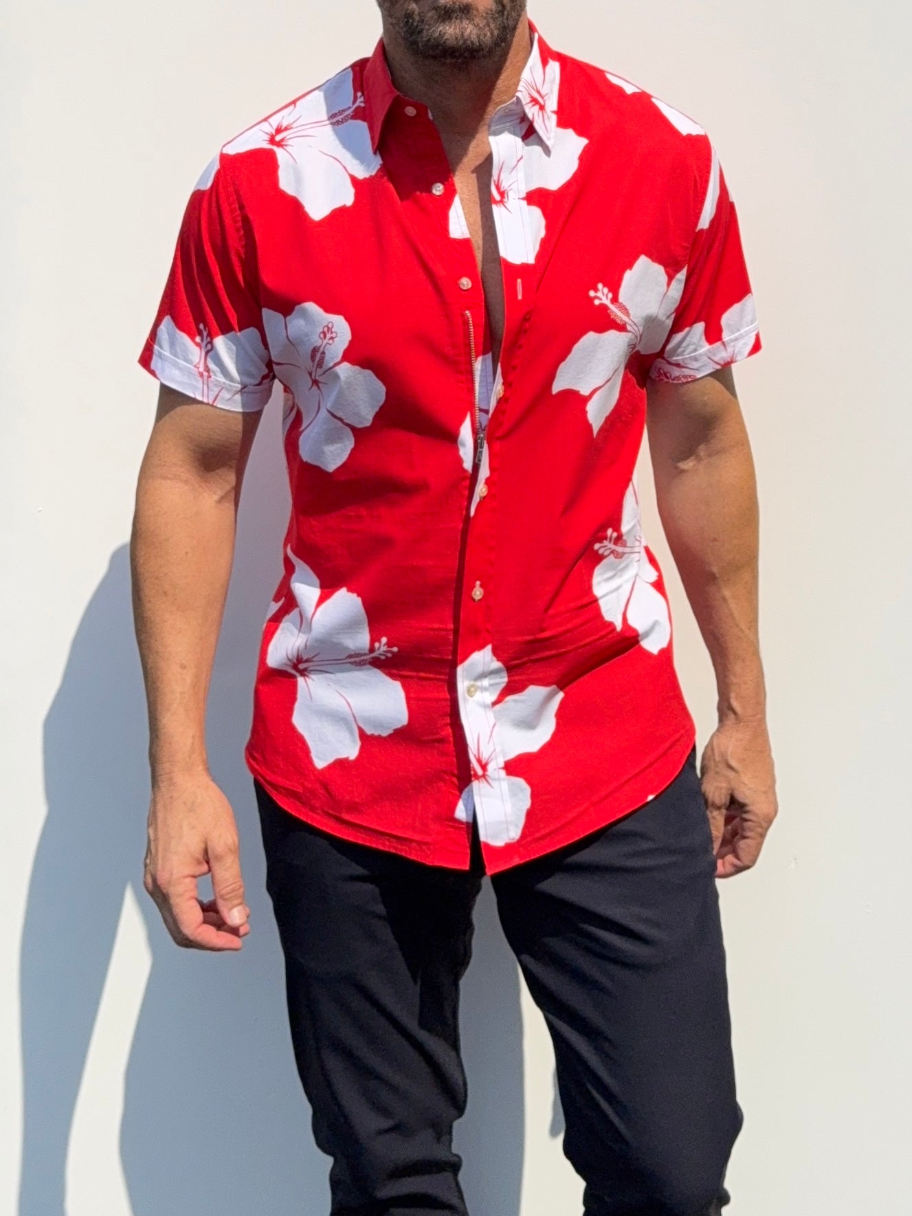 White Flowers on Red Party Shirt in Cotton