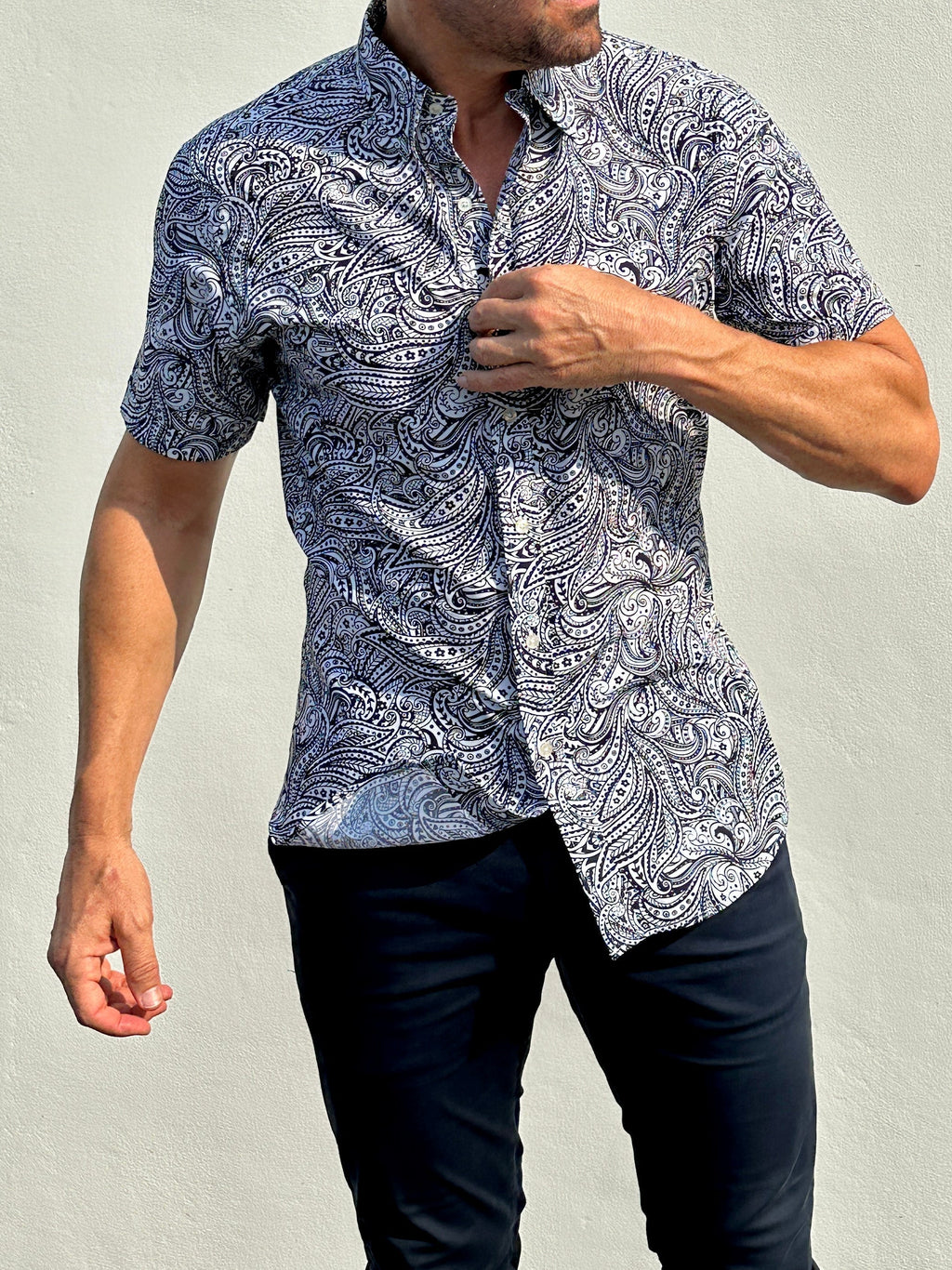 Short Sleeve Paisley Party Shirts - Navy