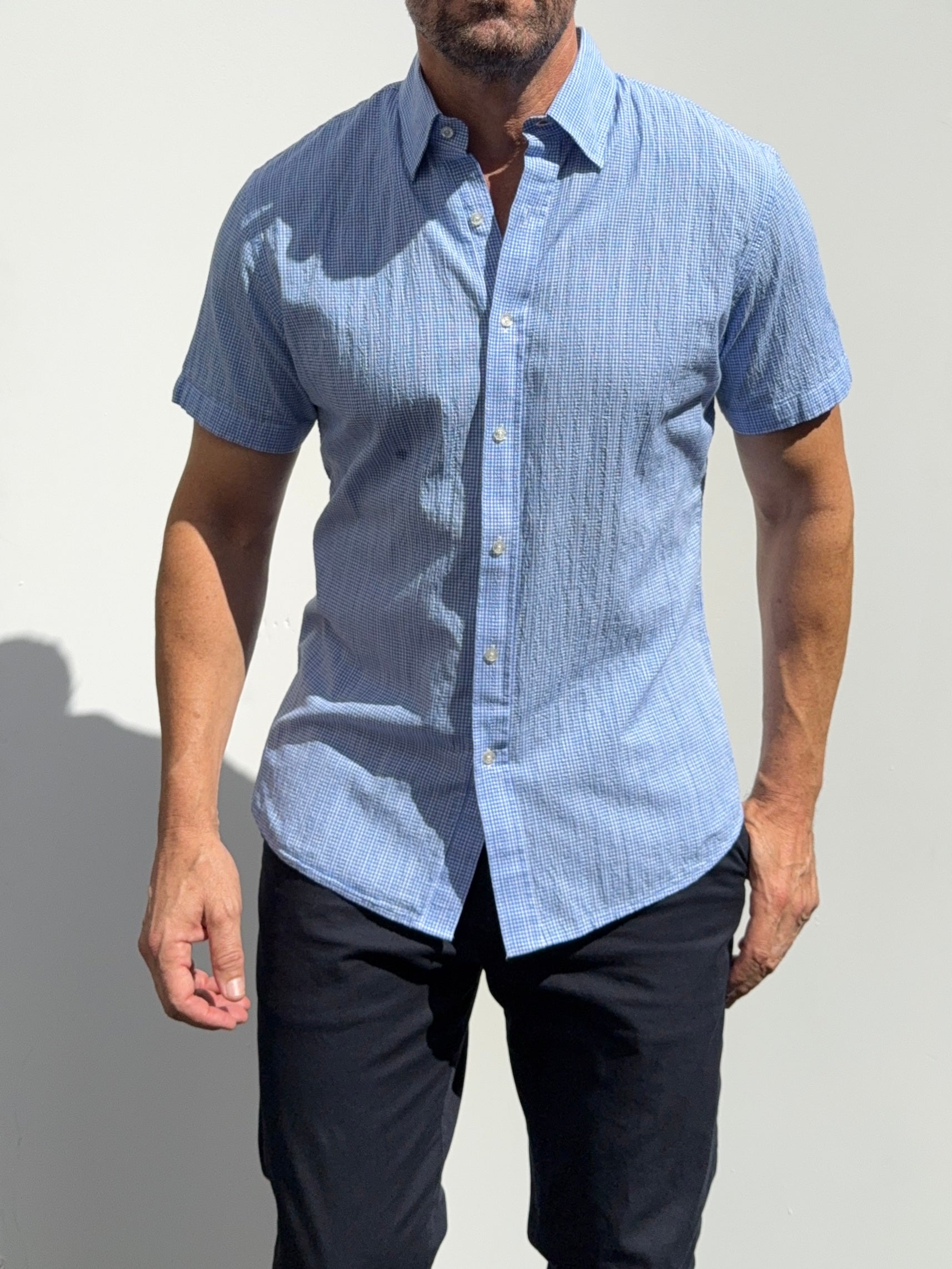 Mini-Gingham Seersucker - Light Blue