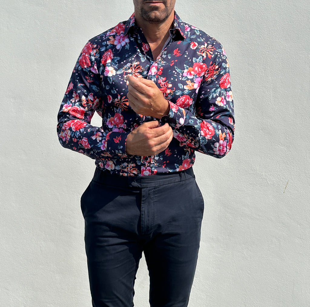 Rose Garden Party Shirt - Rose Garden on Navy