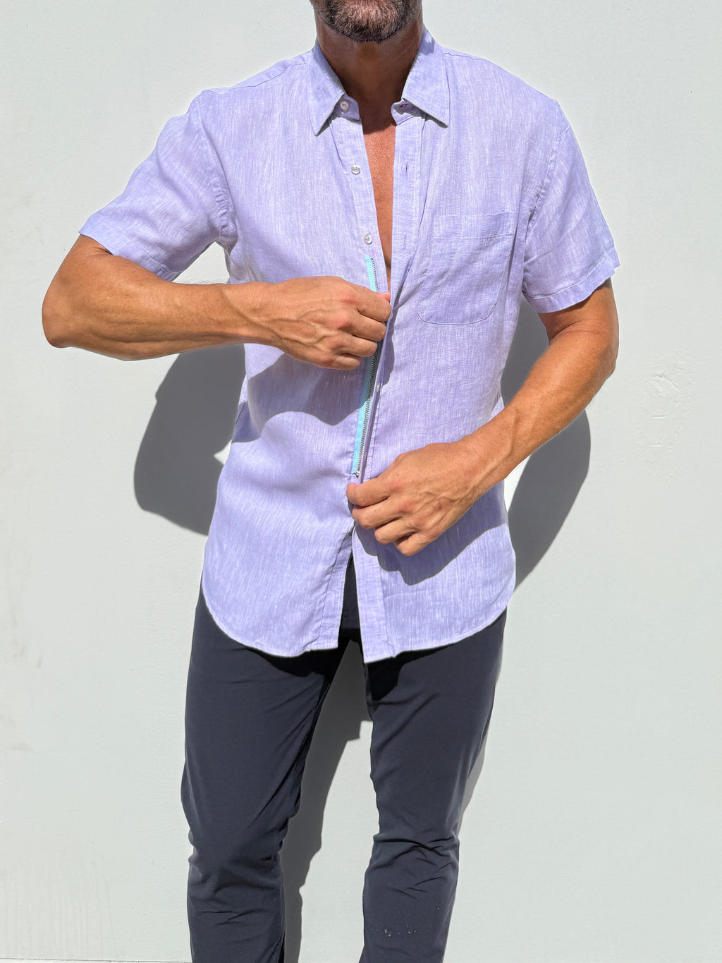 Short Sleeve 1-Pocket Linen Shirt - Lavender