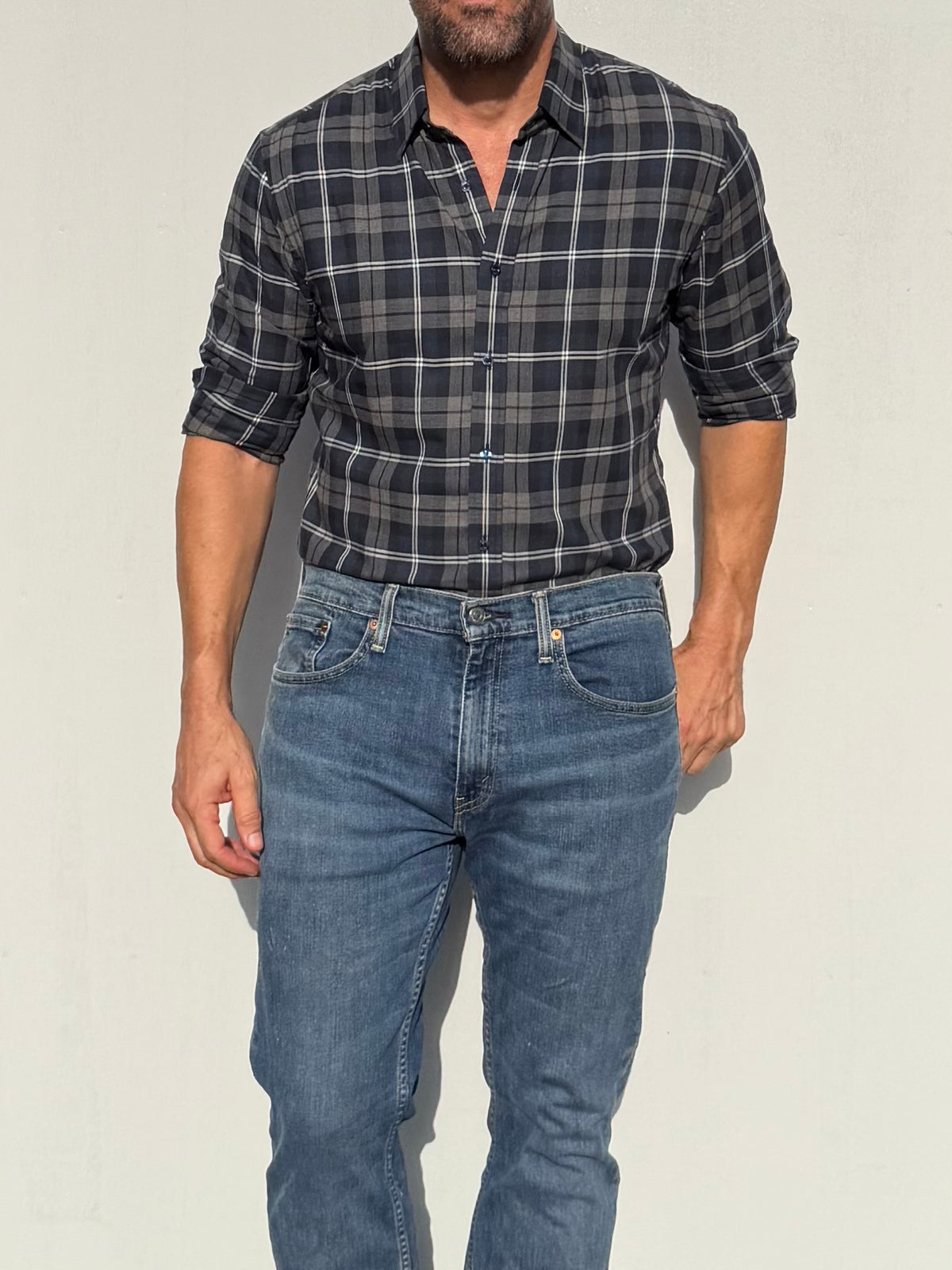 Dress Flannel - Navy, Gray & White Plaid