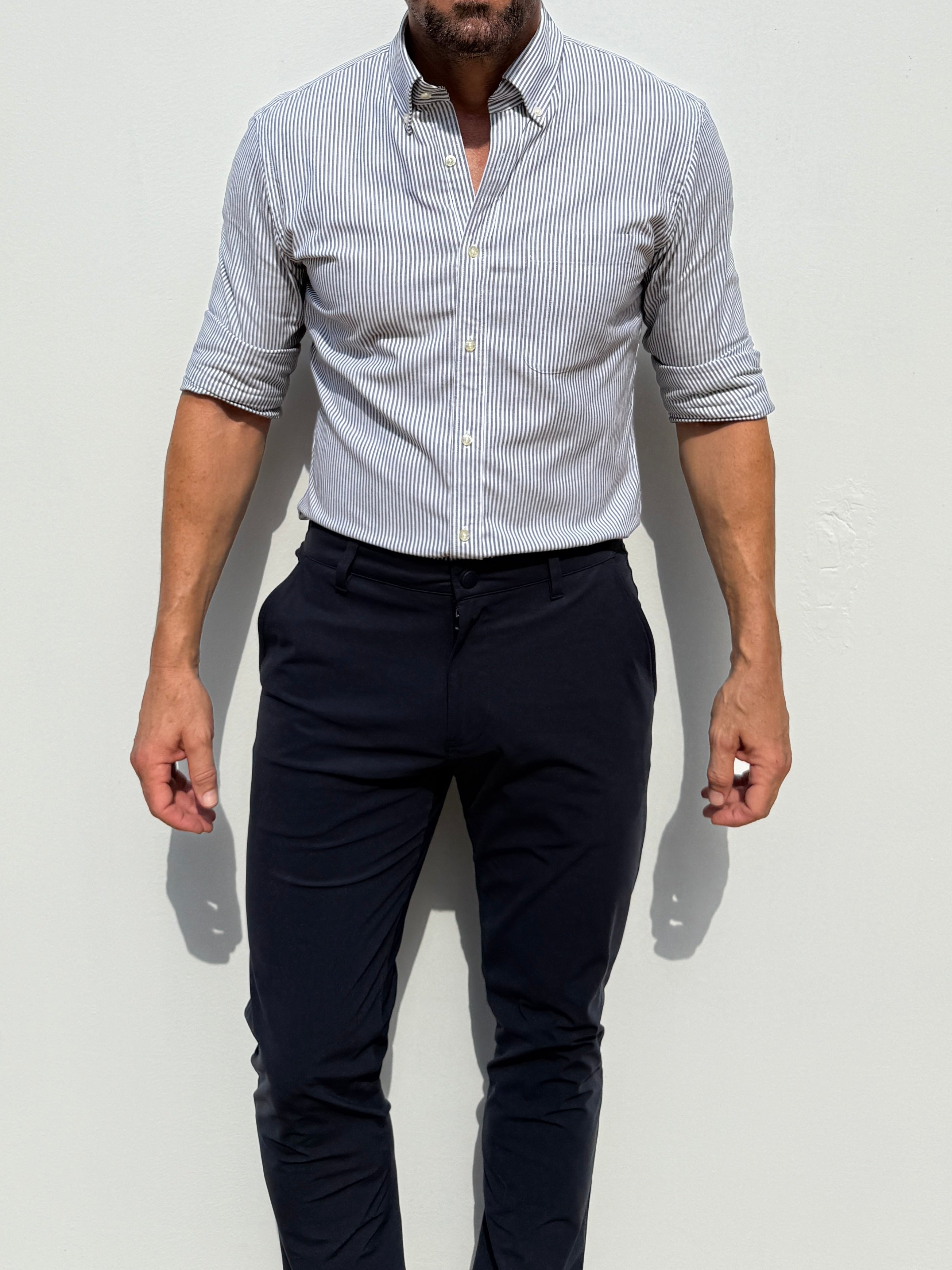 The Striped OCBD: Oxford Cloth Button Down in Charcoal - Charcoal Pinstripe