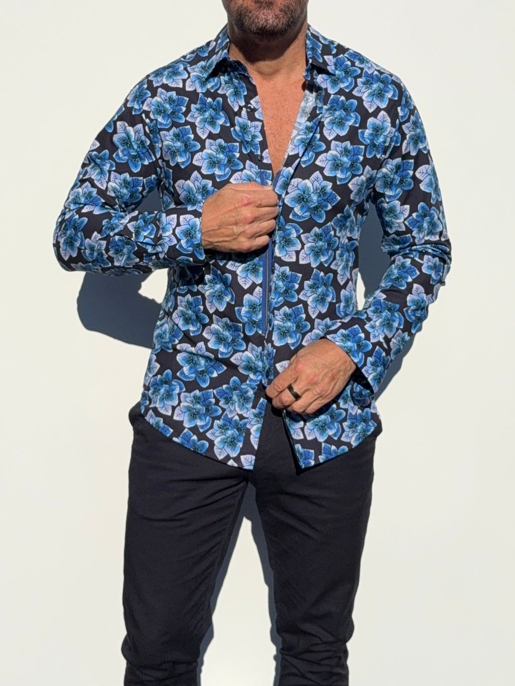 Blue Flowers Party Shirt - Blue on Navy
