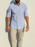 Band Collar Striped Seersucker - Blue Stripe Seersucker Band Collar