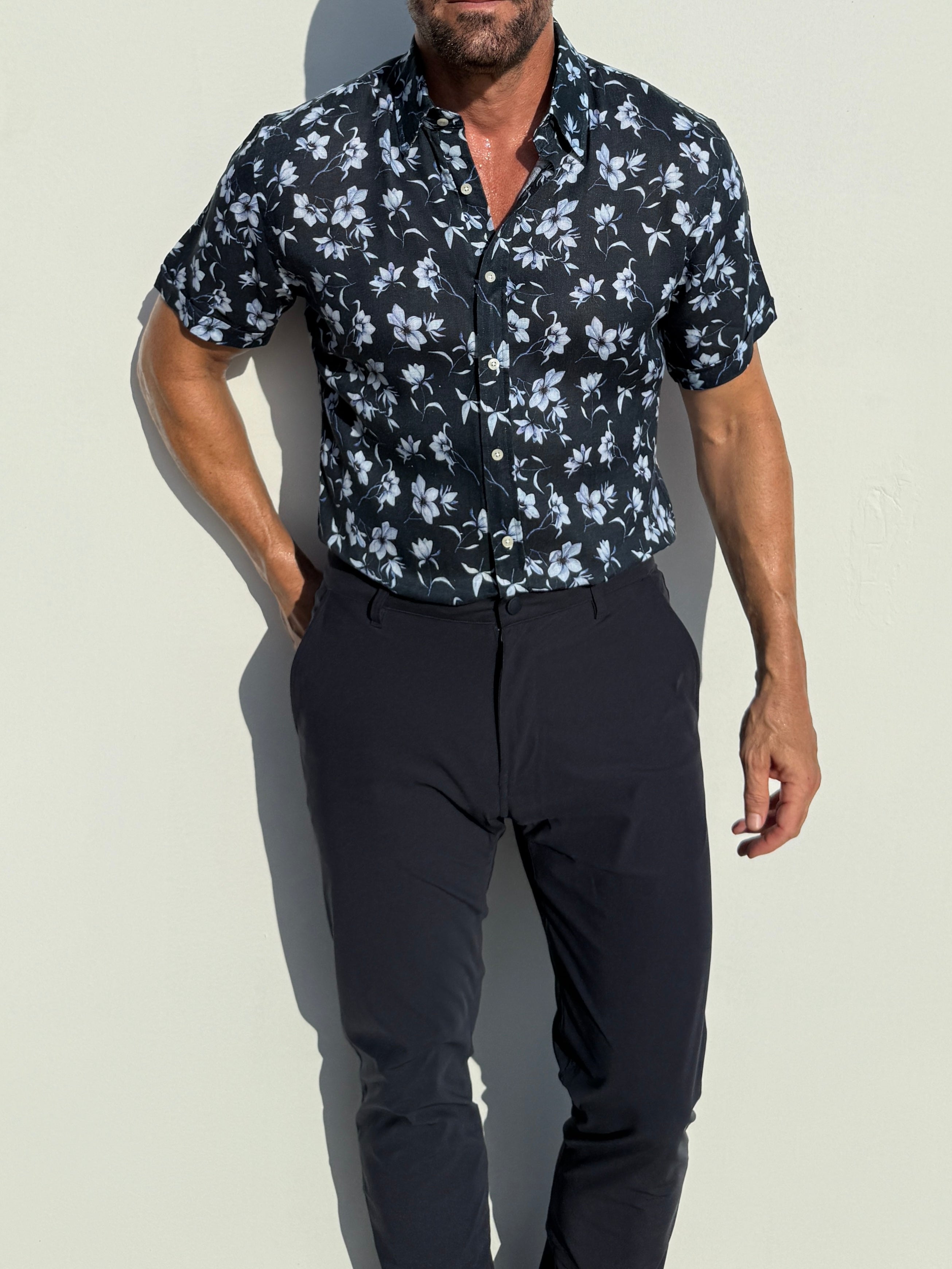 White Flowers on Navy Linen Party Shirt - White Flowers on Navy