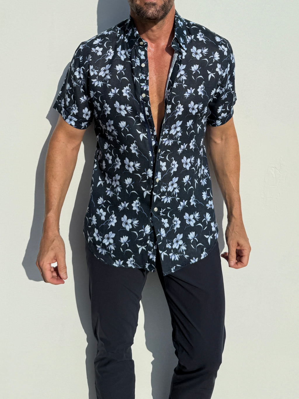 White Flowers on Navy Linen Party Shirt - White Flowers on Navy