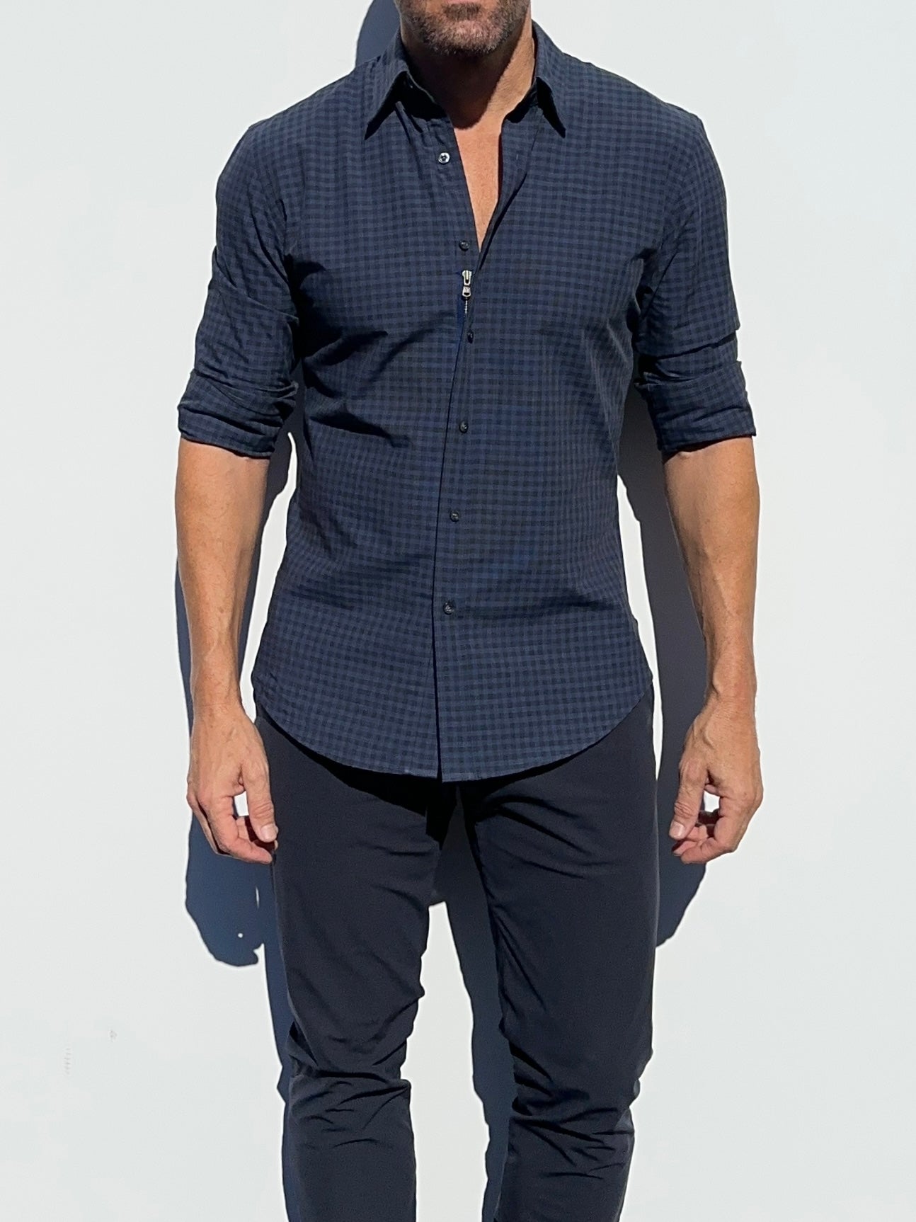dark blue checkered dress shirt Men's Navy w/ White and Blue Check Long Sleeve Dress Shirt, Stain Repellent, Wrinkle Resistant