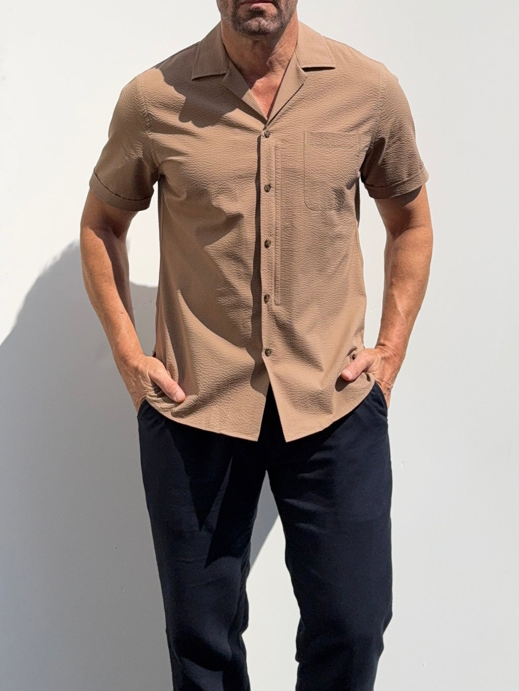 Seersucker Camp Collar- Camel- Small Batch #698