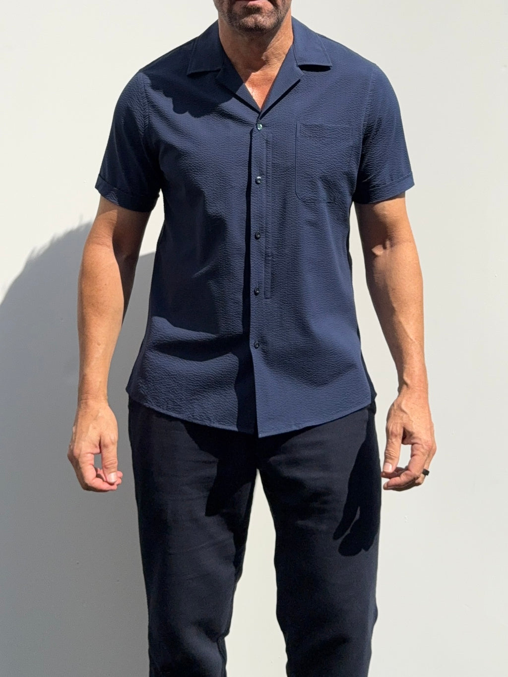 Seersucker Camp Collar- Navy - Small Batch #699
