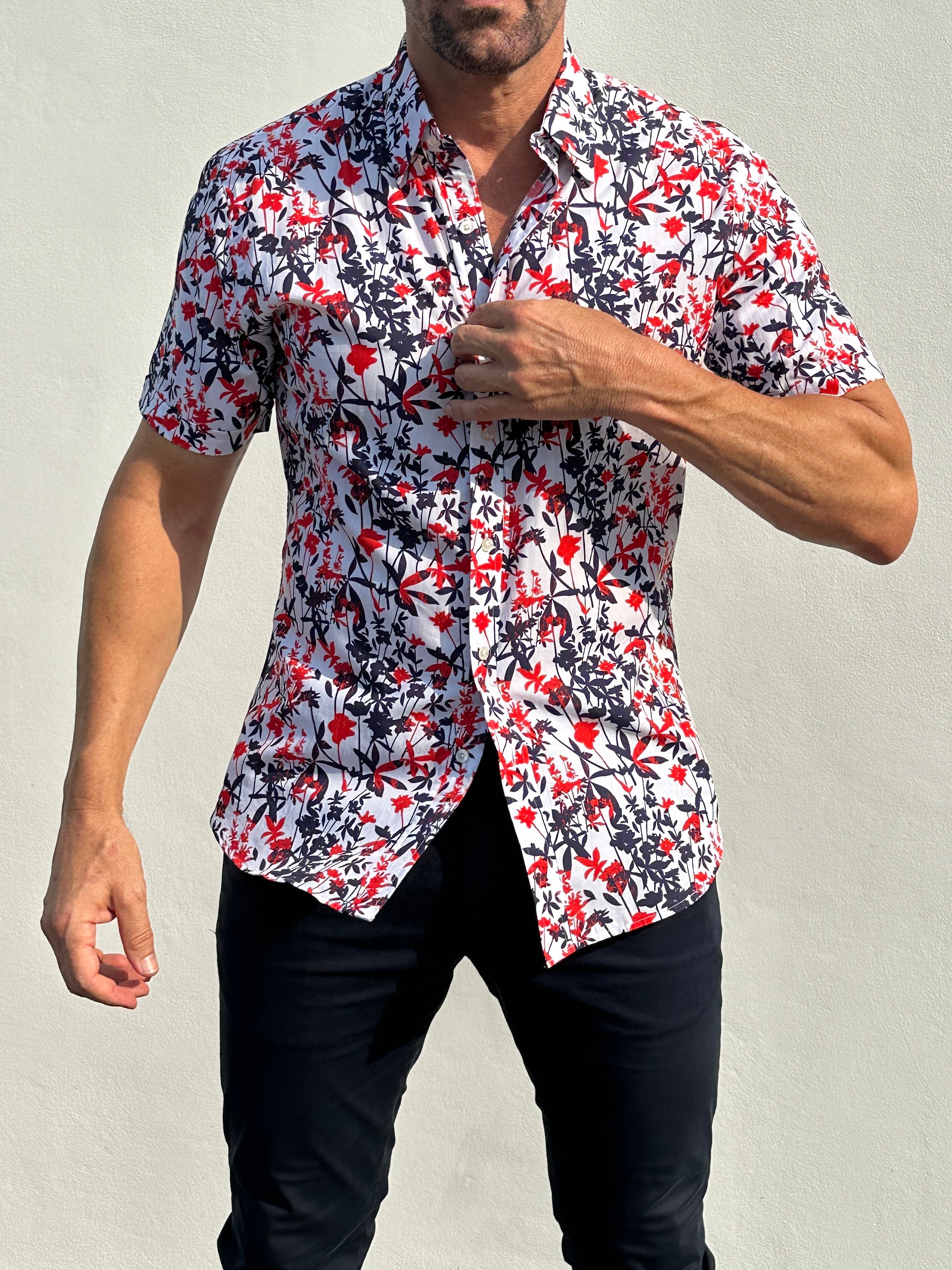 Bamboo Print on Cotton - Red & Navy