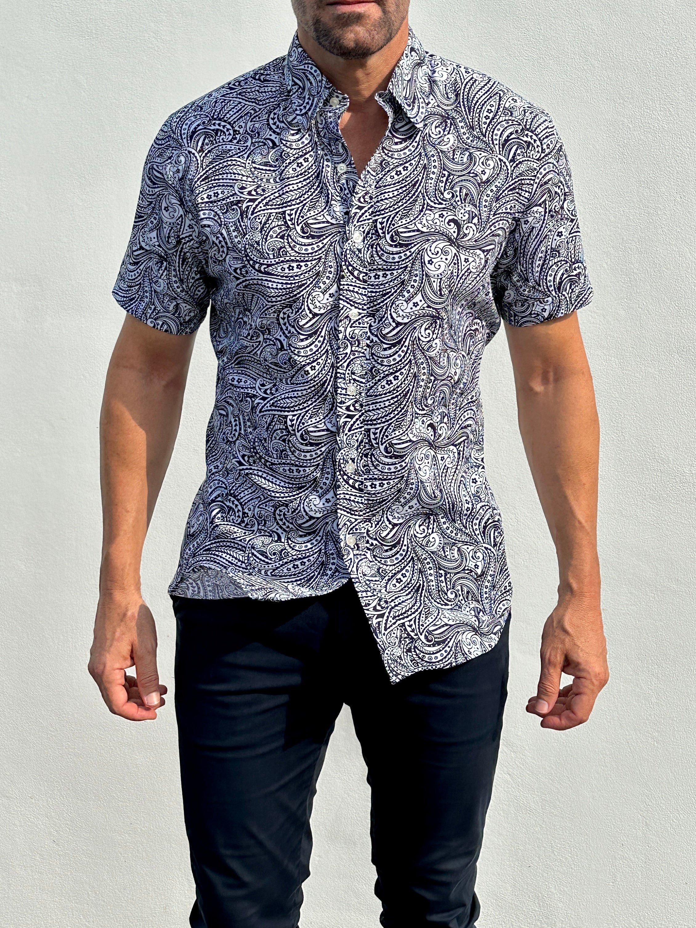 Short Sleeve Paisley Party Shirts - Navy