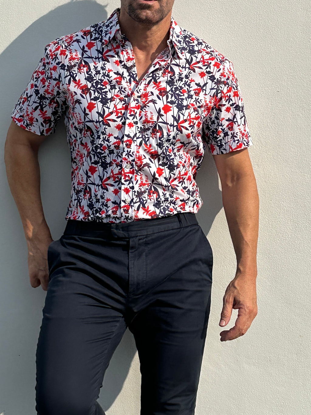 Bamboo Print on Cotton - Red & Navy
