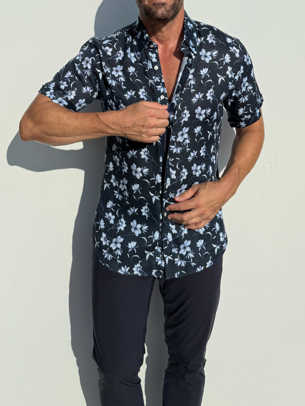White Flowers on Navy Linen Party Shirt - White Flowers on Navy