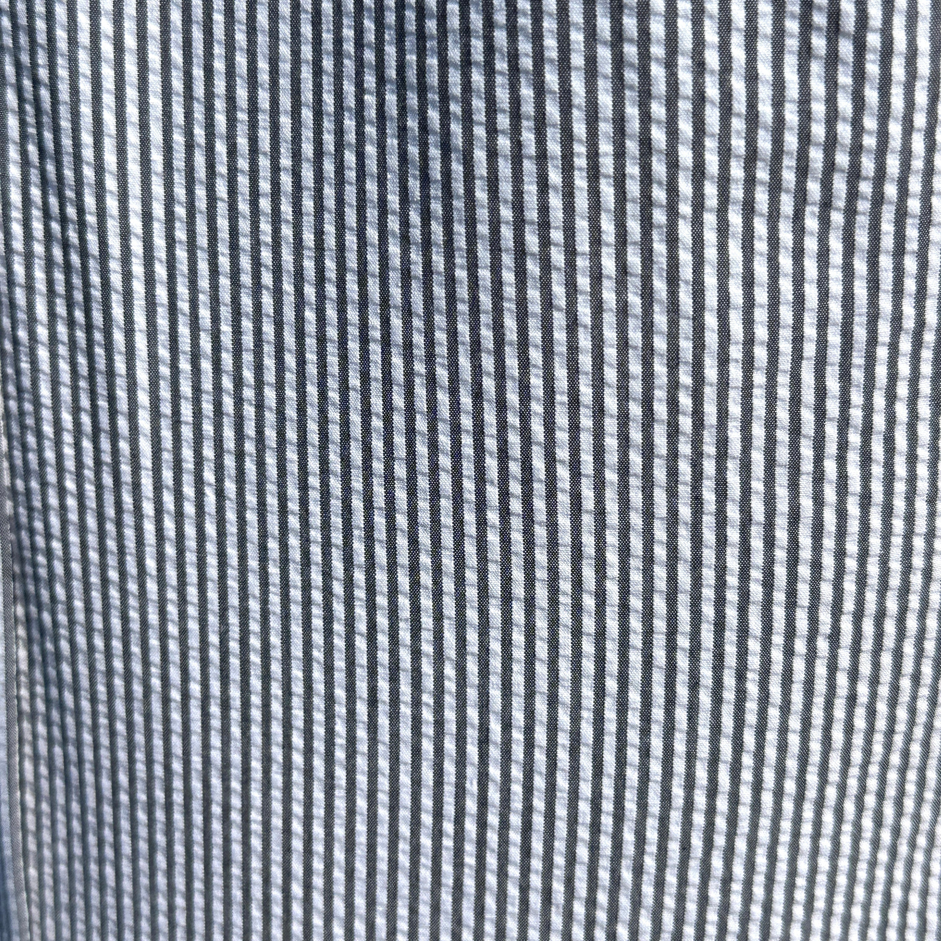 Band Collar Striped Seersucker - Charcoal Stripe Seersucker Band Collar