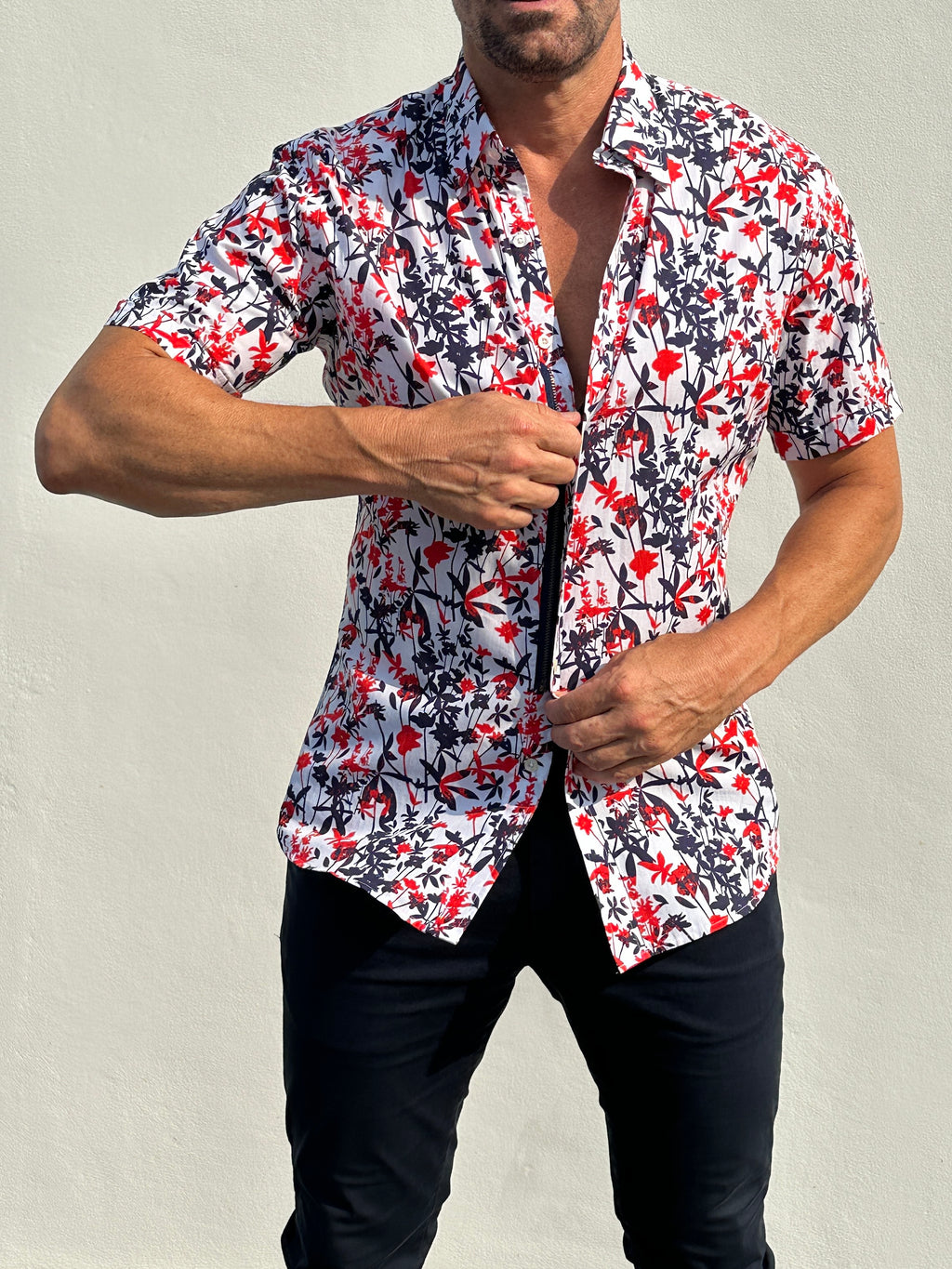 Bamboo Print on Cotton - Red & Navy
