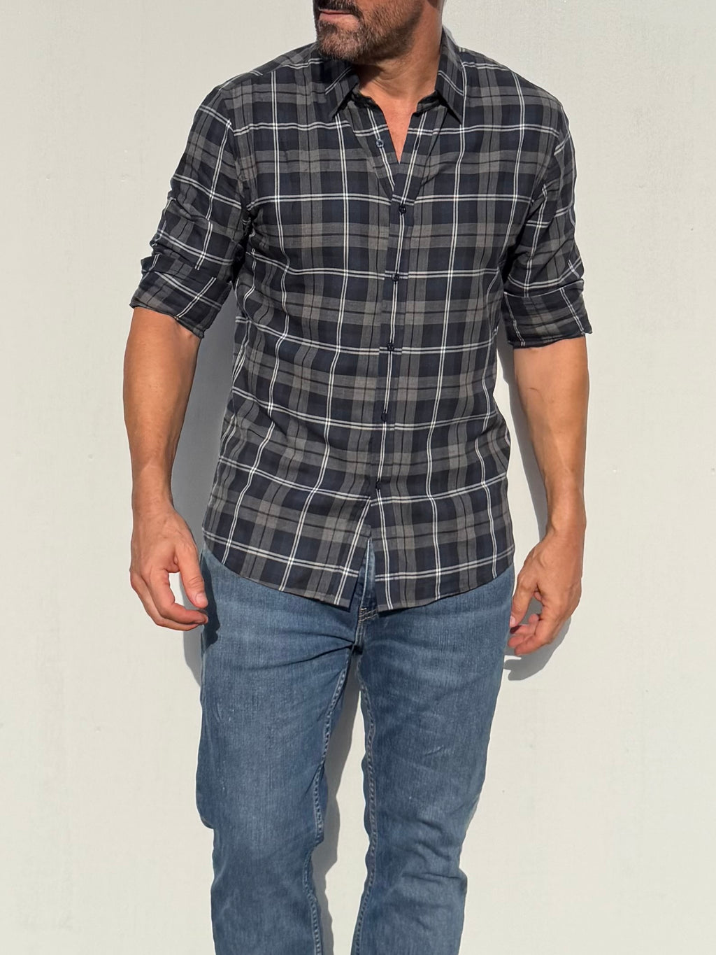 Dress Flannel - Navy, Gray & White Plaid