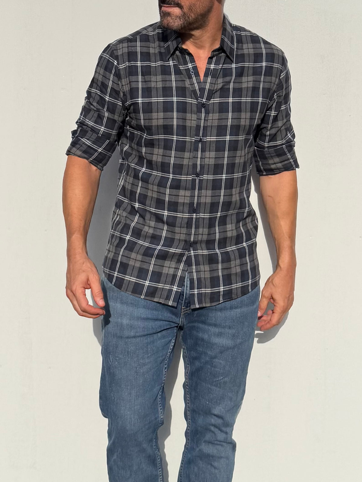 Dress Flannel - Navy, Gray & White Plaid