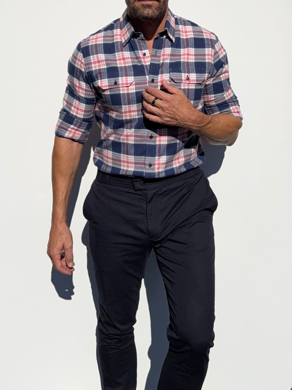 The Utility Shirt in Plaid Flannel - Navy & Pink Plaid Flannel- SB #644