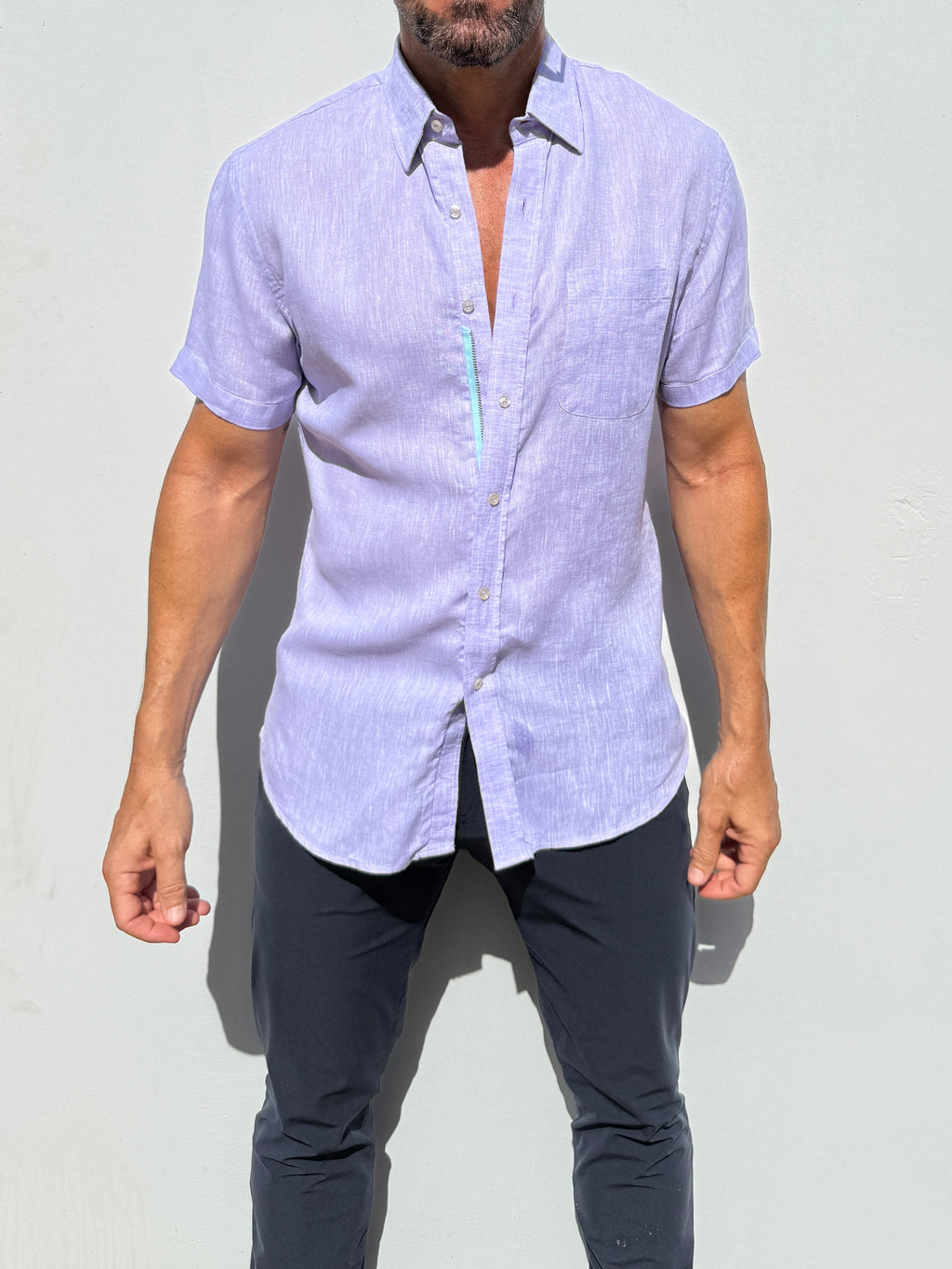 Short Sleeve 1-Pocket Linen Shirt - Lavender