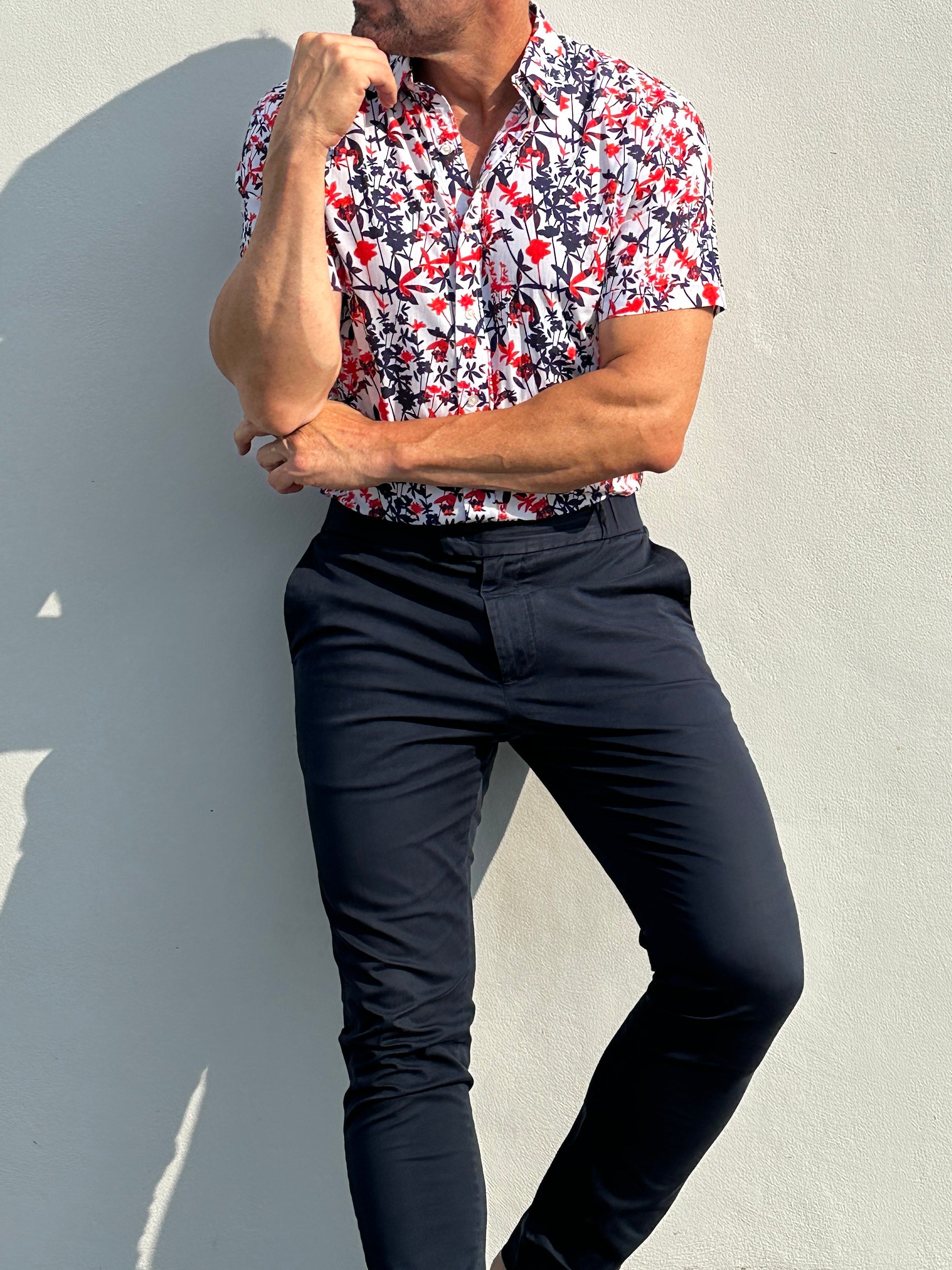 Bamboo Print on Cotton - Red & Navy