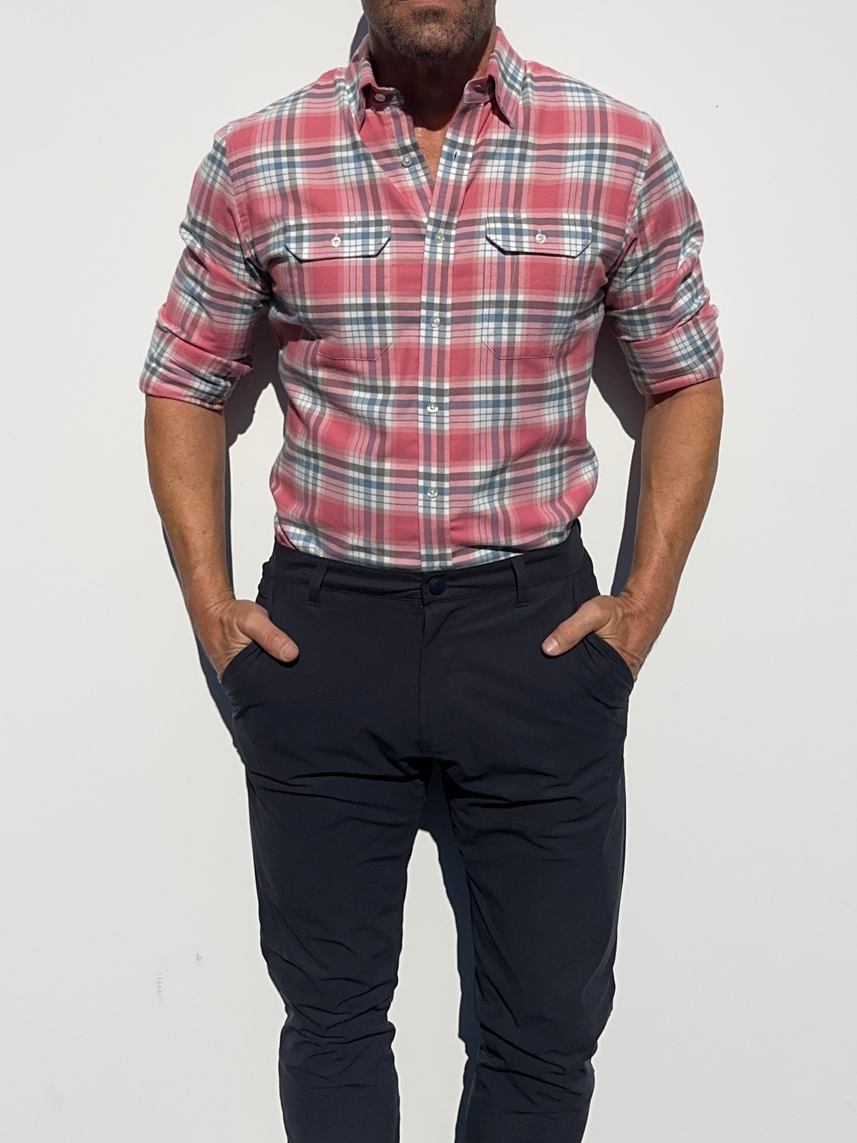Coral, White & Blue Utility Flannel - Coral White & Blue Flannel