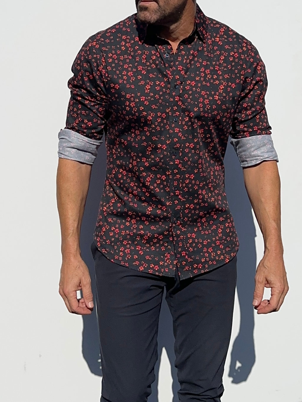 Red Floral Party Shirt - Red Flowers on Navy