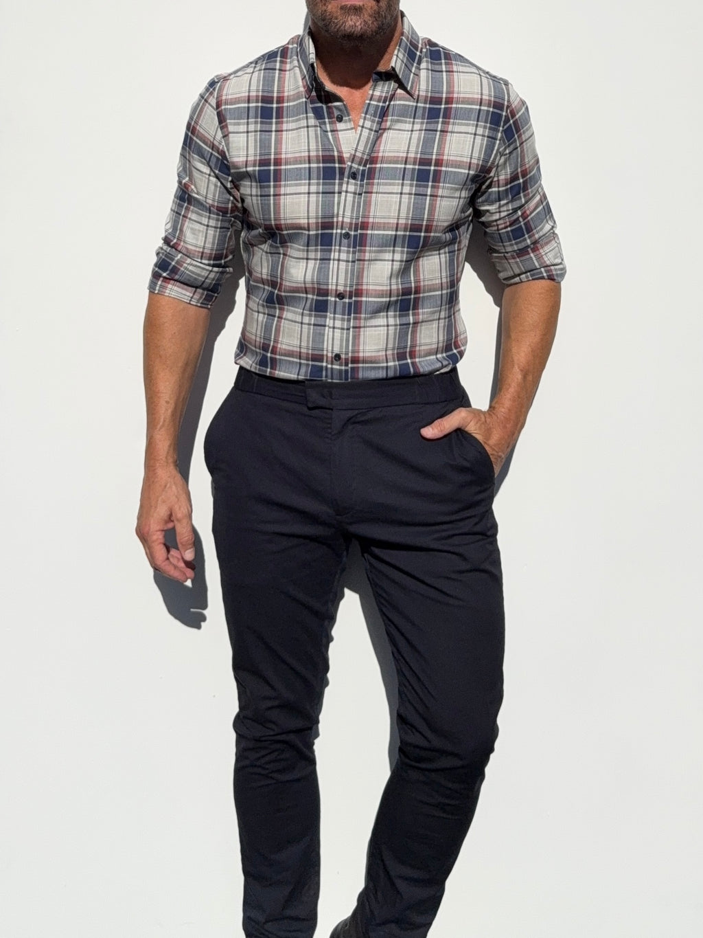No-Pocket Unbrushed Flannel - Gray & Navy Plaid