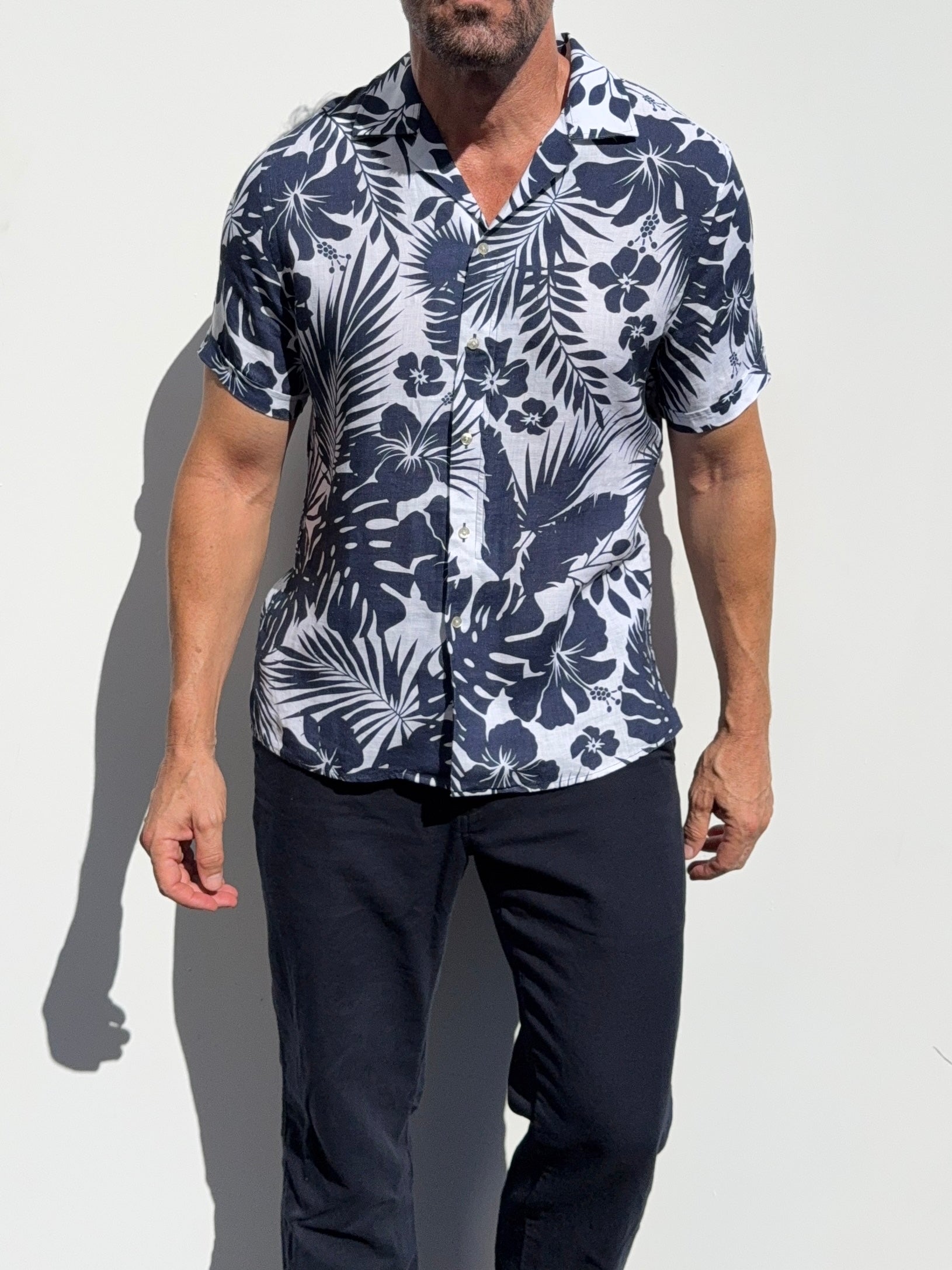 Navy & White Camp Party Shirt on Linen - Small Batch #676