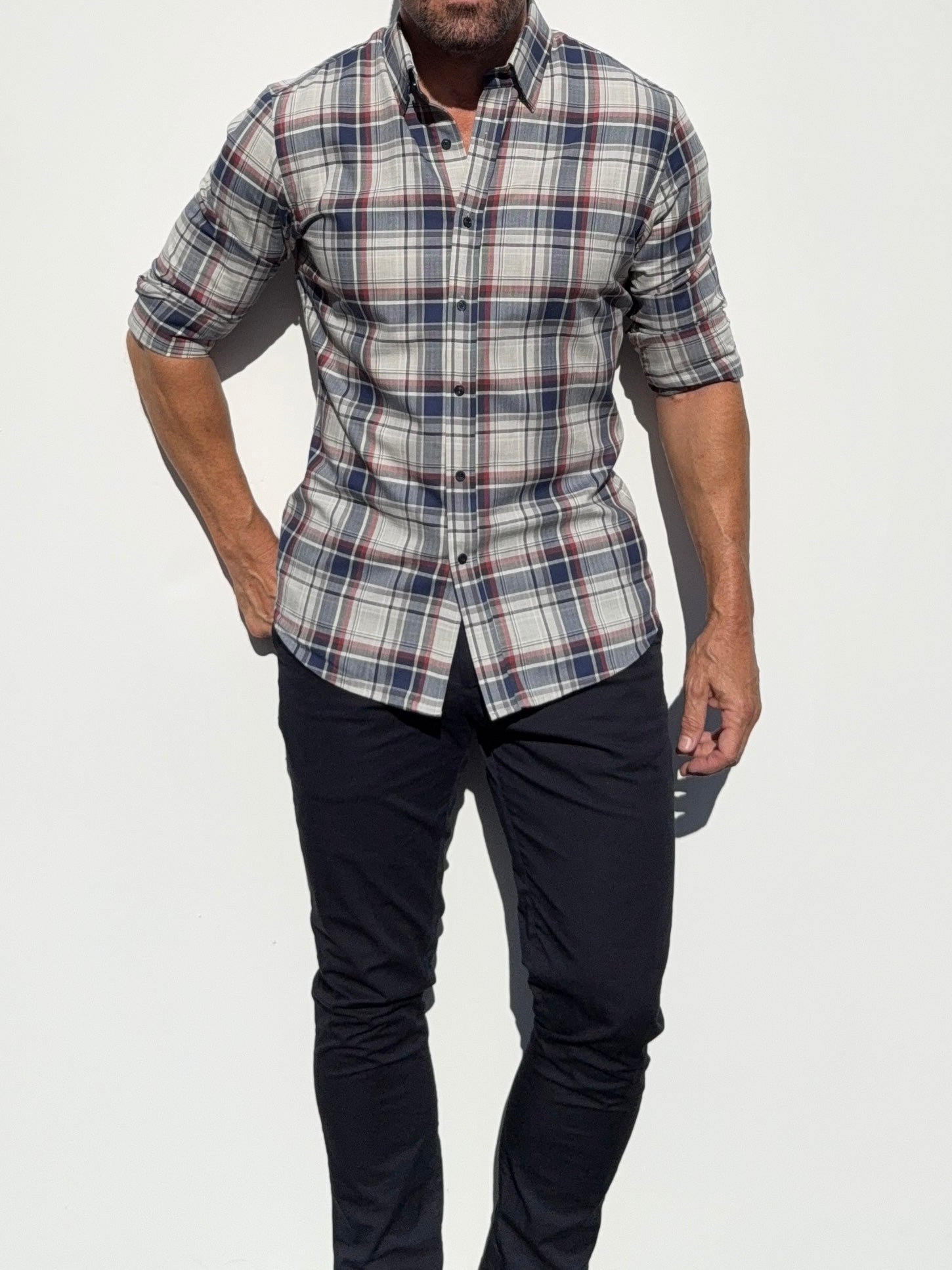 No-Pocket Unbrushed Flannel - Gray & Navy Plaid