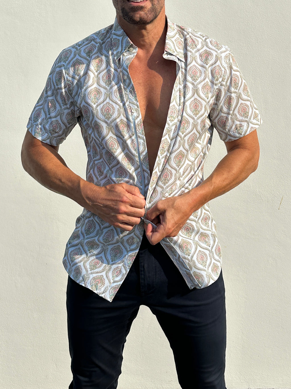 Short Sleeve Ornate Party Shirt - Pale Blue