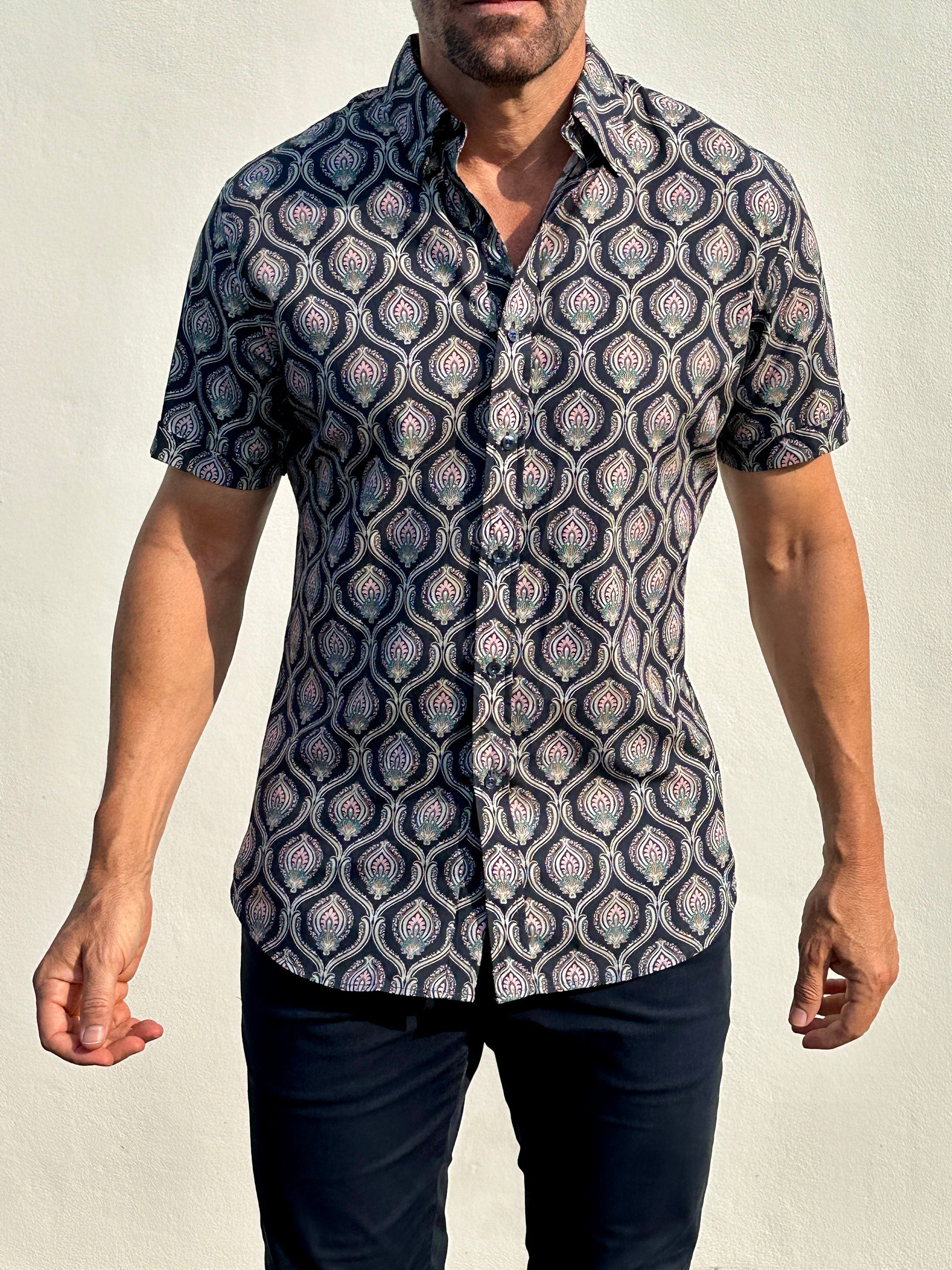 Short Sleeve Ornate Party Shirt - Midnight Blue