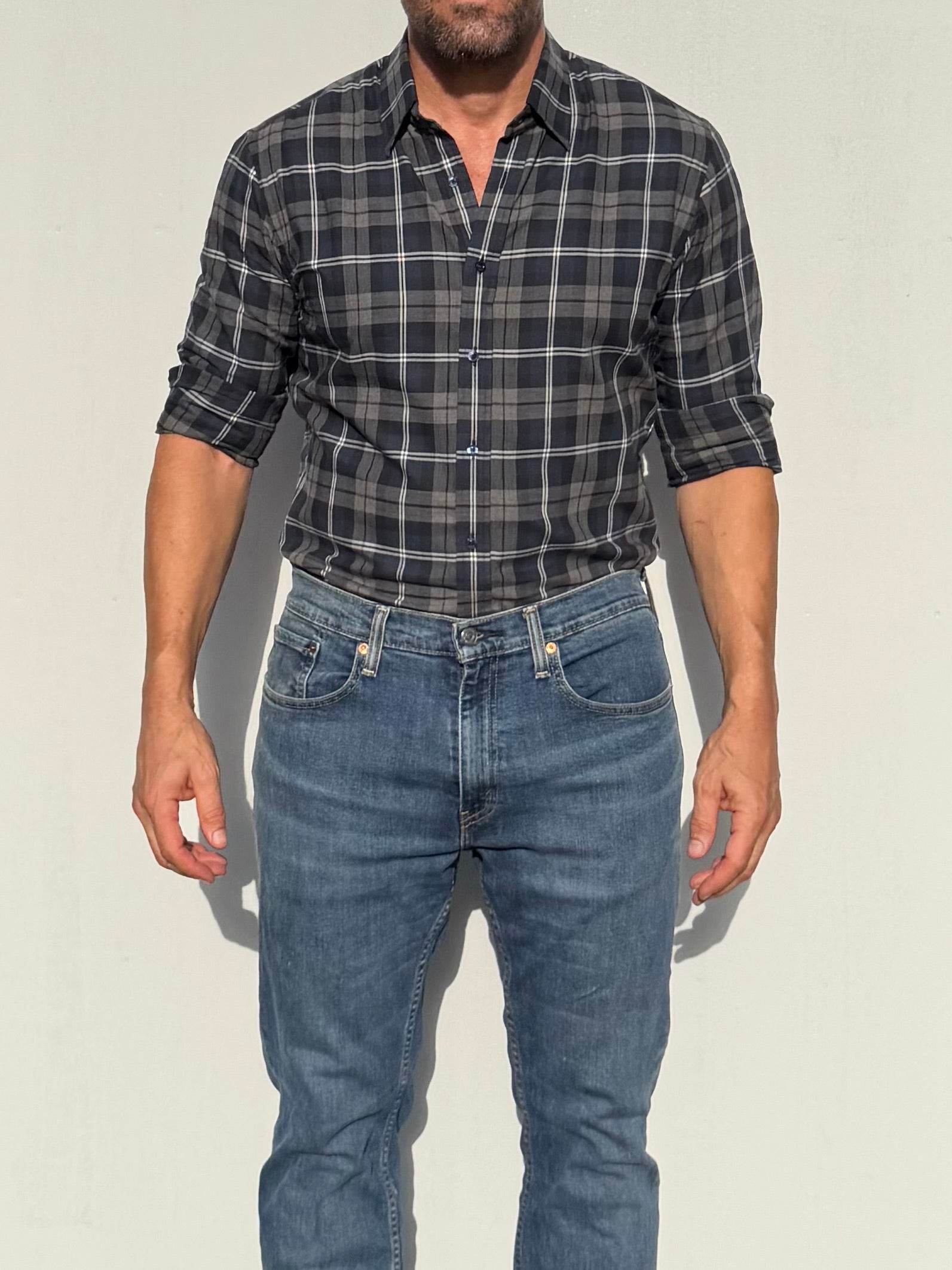 Dress Flannel - Navy, Gray & White Plaid